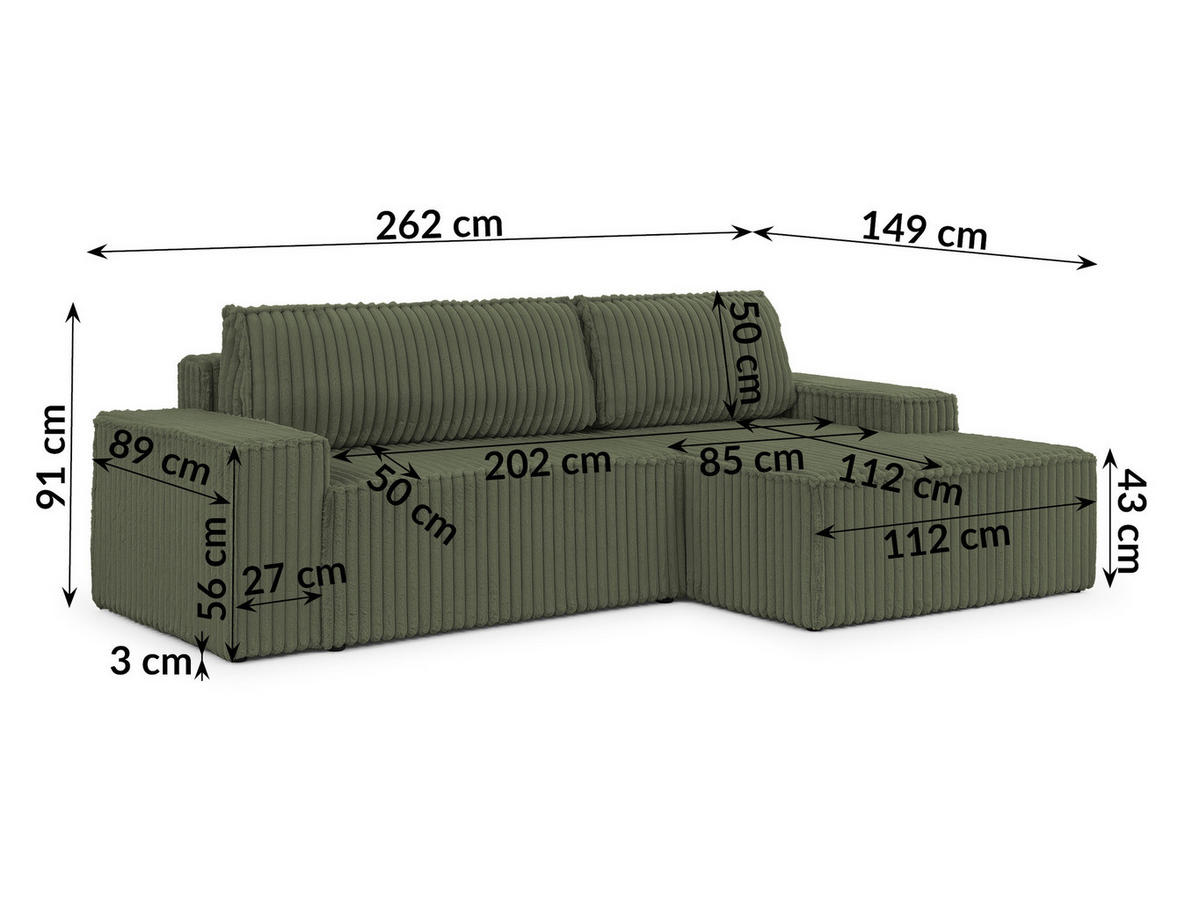 ECKSOFA Rivio mit Schlaffunktion und Bettkasten, Plüschcord Grün - Schwarz/Grün, Holz/Kunststoff (262/149cm) - S-Style