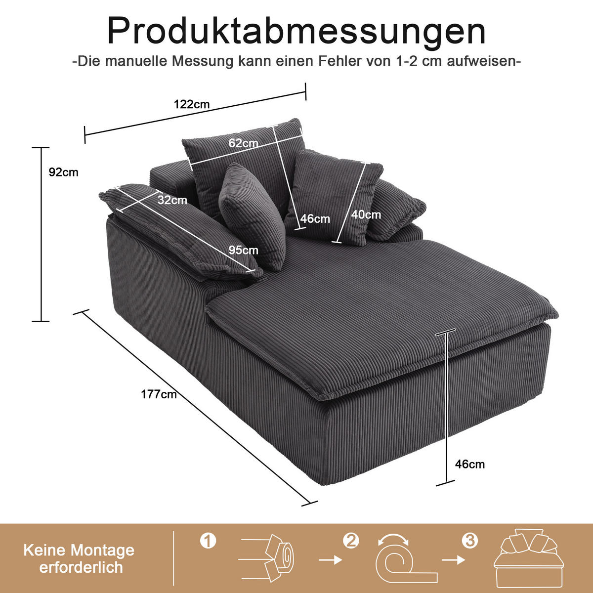 RELAXSOFA Cordstoff ergonomisch und ohne Montage 177/122/92 cm Grau - Grau, Textil (122/92/177cm) - Redom