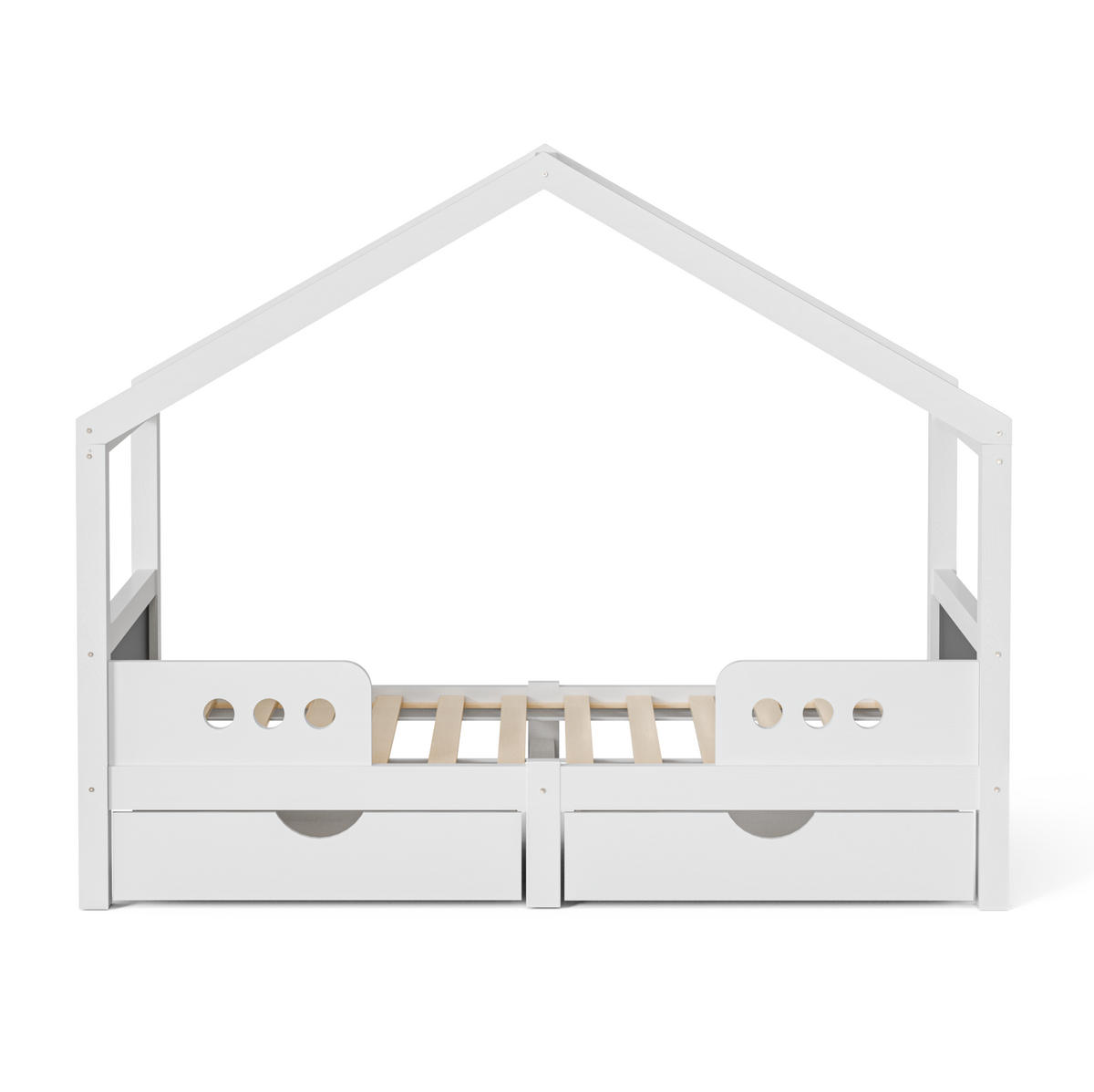 KINDERBETT 90/200 cm mit Dachdesign, Tafel und 2 Schubladen aus Holz und MDF, Weiß - Weiß, Holz (90/200cm) - Redom