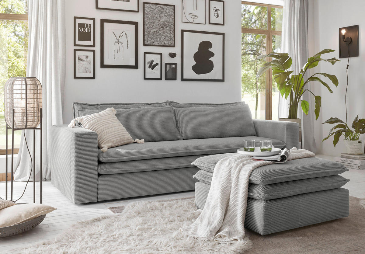SOFA-SET hellgrau Cord, Couch 3-Sitzer mit Bettfunktion inklusive Hocker - Beige/Hellgrau, Holz/Textil (244/83/176cm) - Furn.Design