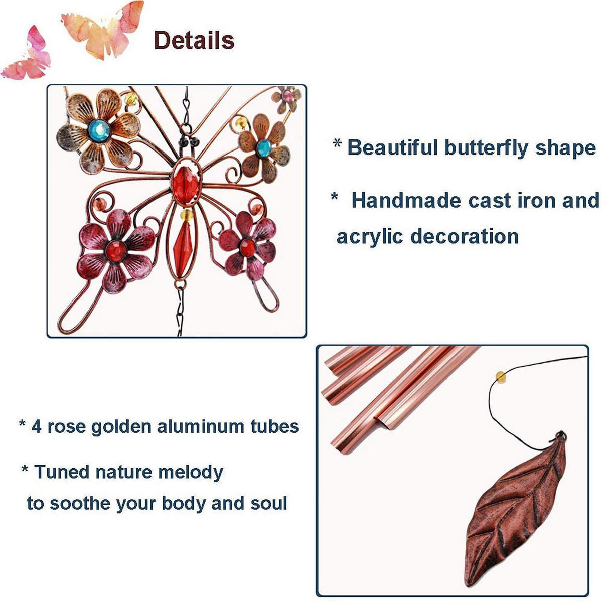 WINDSPIEL Schmetterling Metall Buntglas 56 cm - Multicolor, Metall (88.9/17.3/1cm)