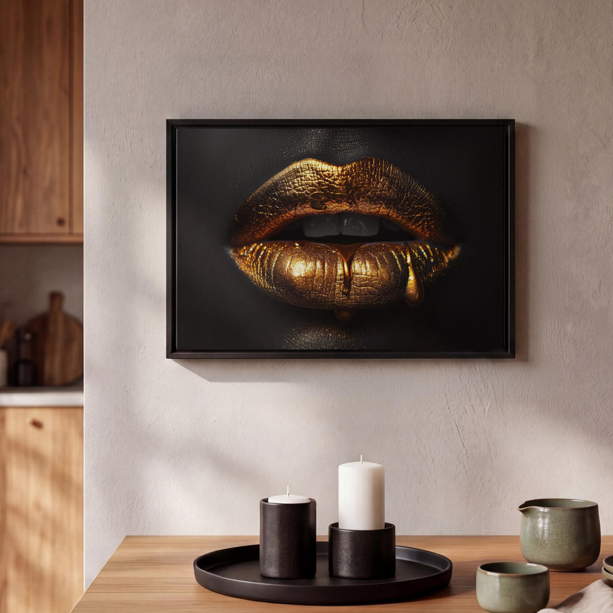 LEINWAND Bilder mit Rahmen - Frau - Porträt - Lippen - Gold - Schwarz - 30x20 - Schwarz, Textil (30/20cm) - MuchoWow