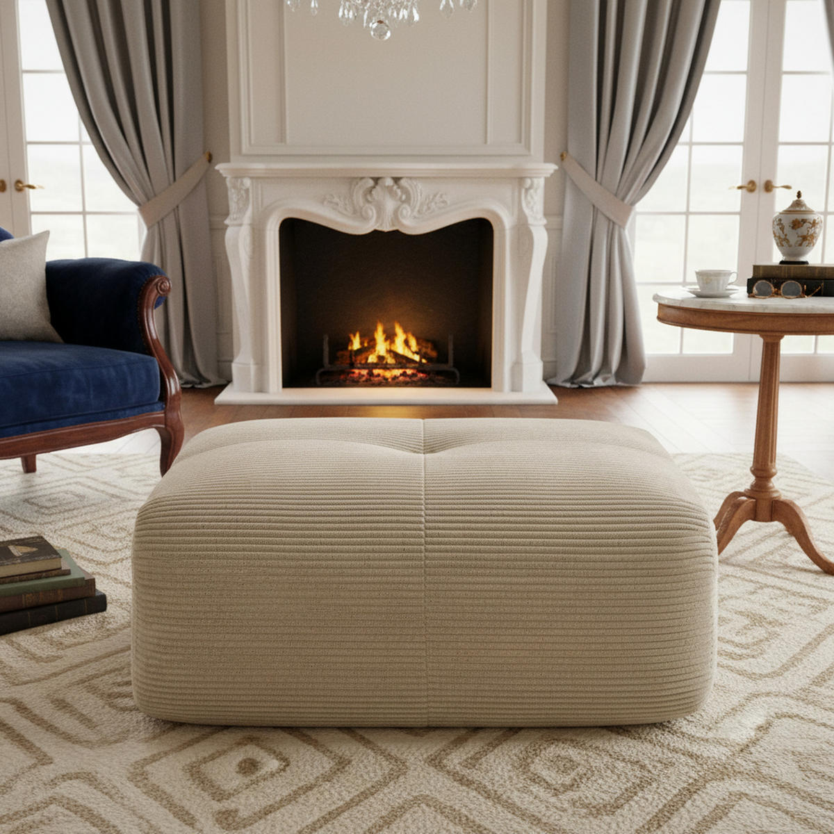 HOCKER OTTOMAN in Premium-Cord Montagefrei & Rutschfest - Beige, Textil (92.5/44/75cm) - Urban Meuble