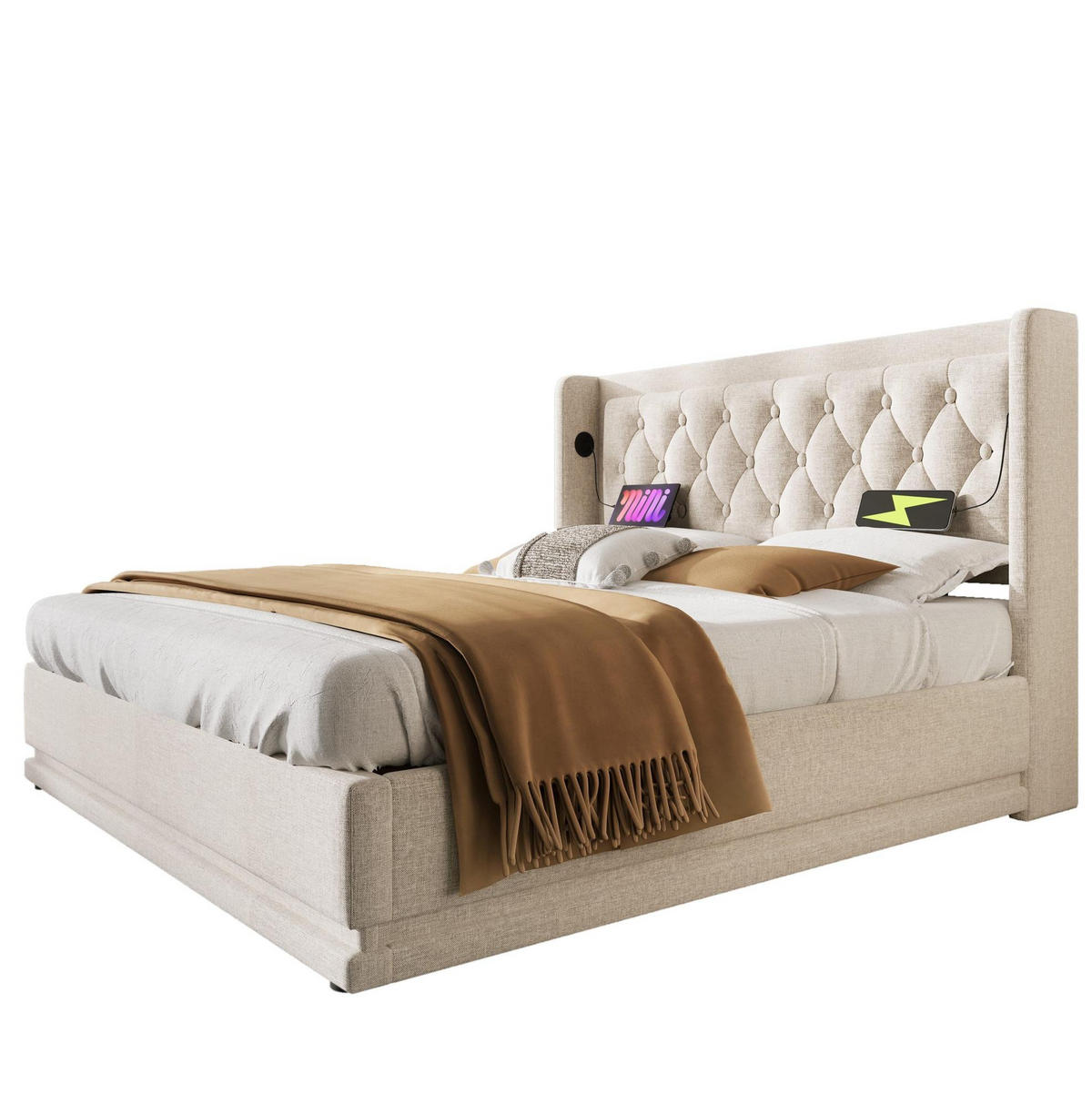 POLSTERBETT 140/200 cm Beige mit Stauraum, LED-Beleuchtung und USB-Ladefunktion - Beige, Textil (140/200cm) - Flora Grace