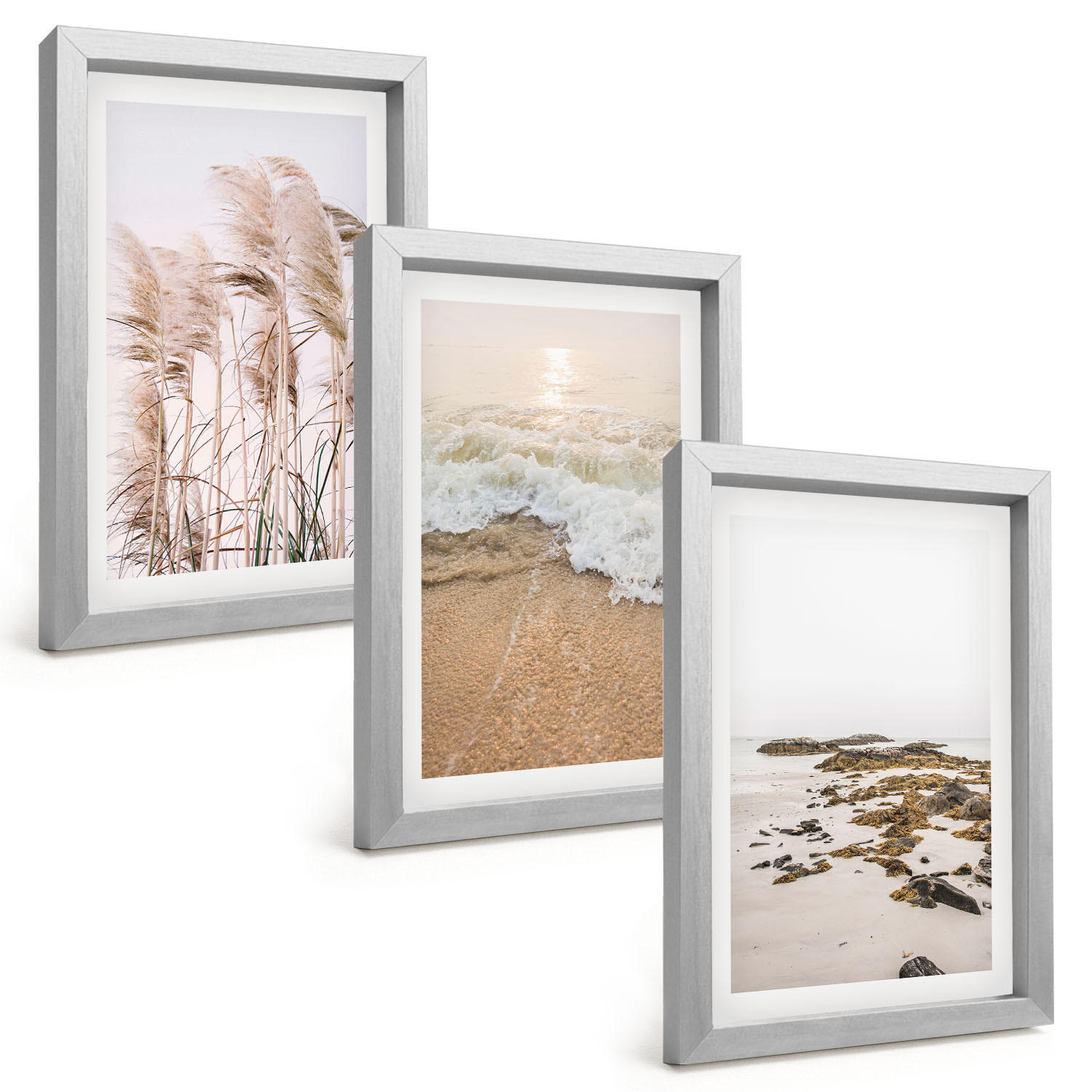BILDER SET 3er Set - 20x30 cm Silberner Rahmen - Strandgras, Wellen, Steine, Boho-Stil - Silberfarben, Kunststoff (20/30cm) - TULUP