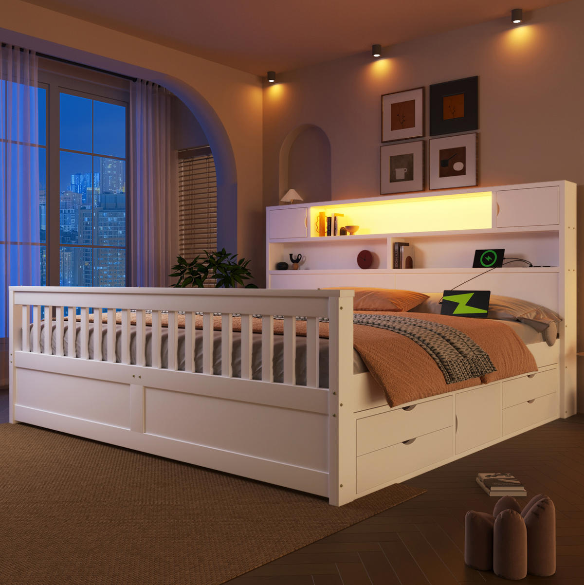 POSTEĽ 180/200 cm biela z MDF a preglejky s LED čelom, policami, USB a 4 zásuvkami - biela, kompozitné drevo (180/200cm) - OKWISH