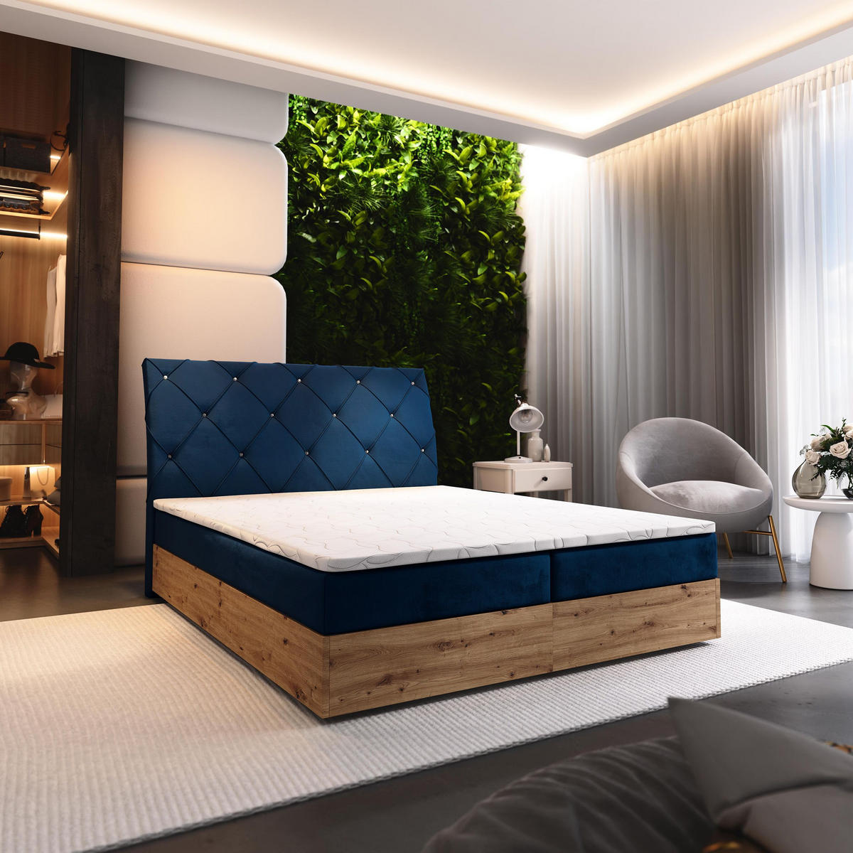 BOXBETT VELLANO 140x200 cm mit Matratze und Topper - Blau - Blau, Holz (140/200cm) - MASSENO