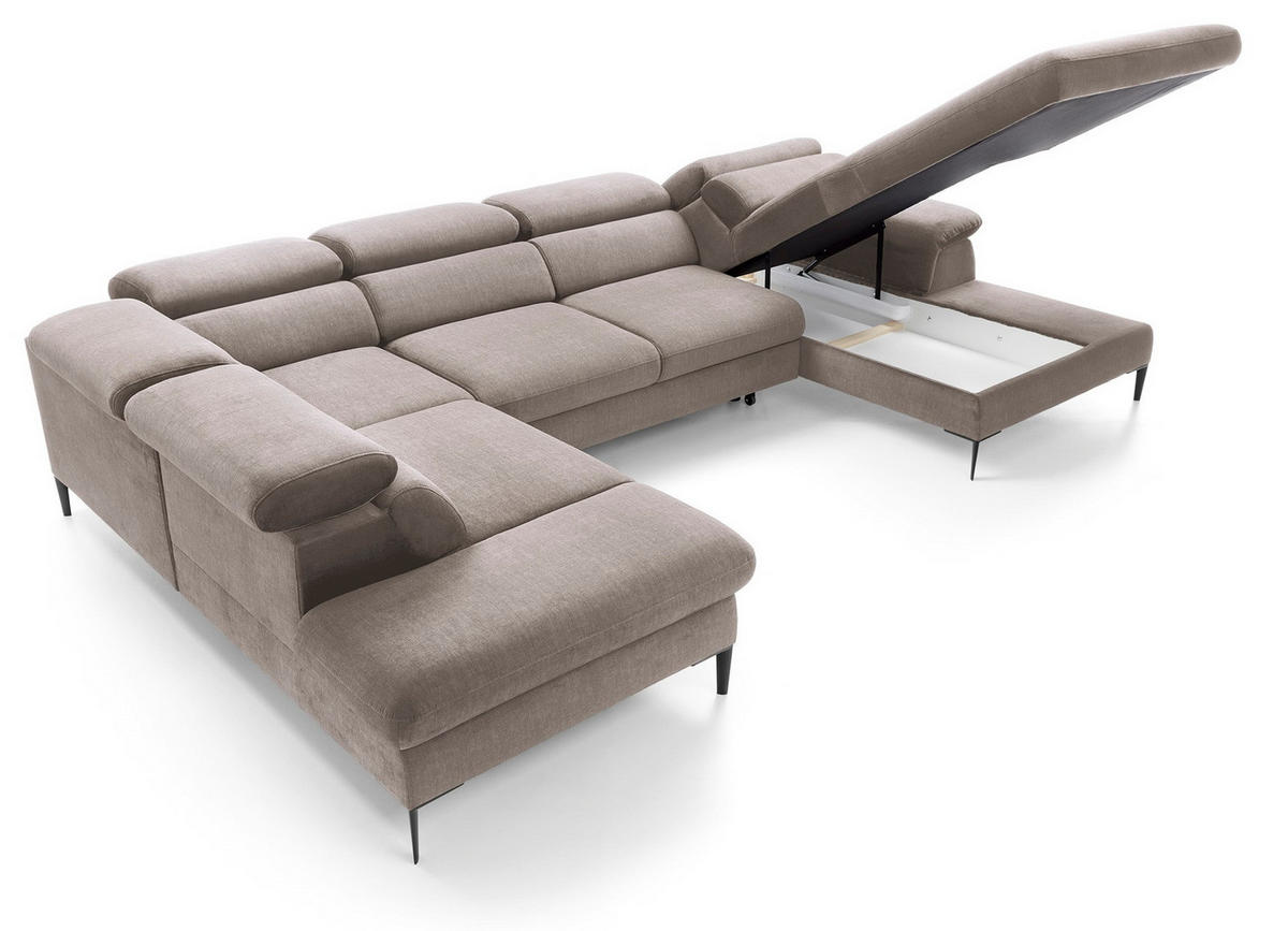 ECKSOFA U-Form 350 cm Amaro M mit Schlaffunktion, Rechts, Dunkelbeige - Cappuccino, Holz (353/214cm) - Emporius