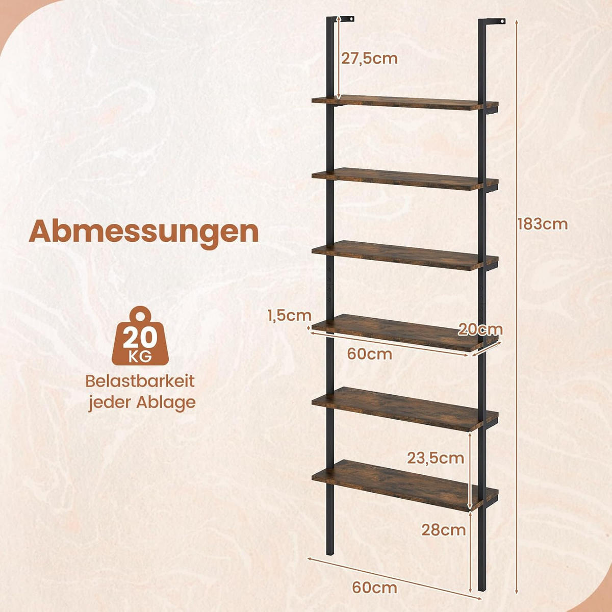 LEITERREGAL Braun - Braun, Holz (60/183/20cm) - COSTWAY