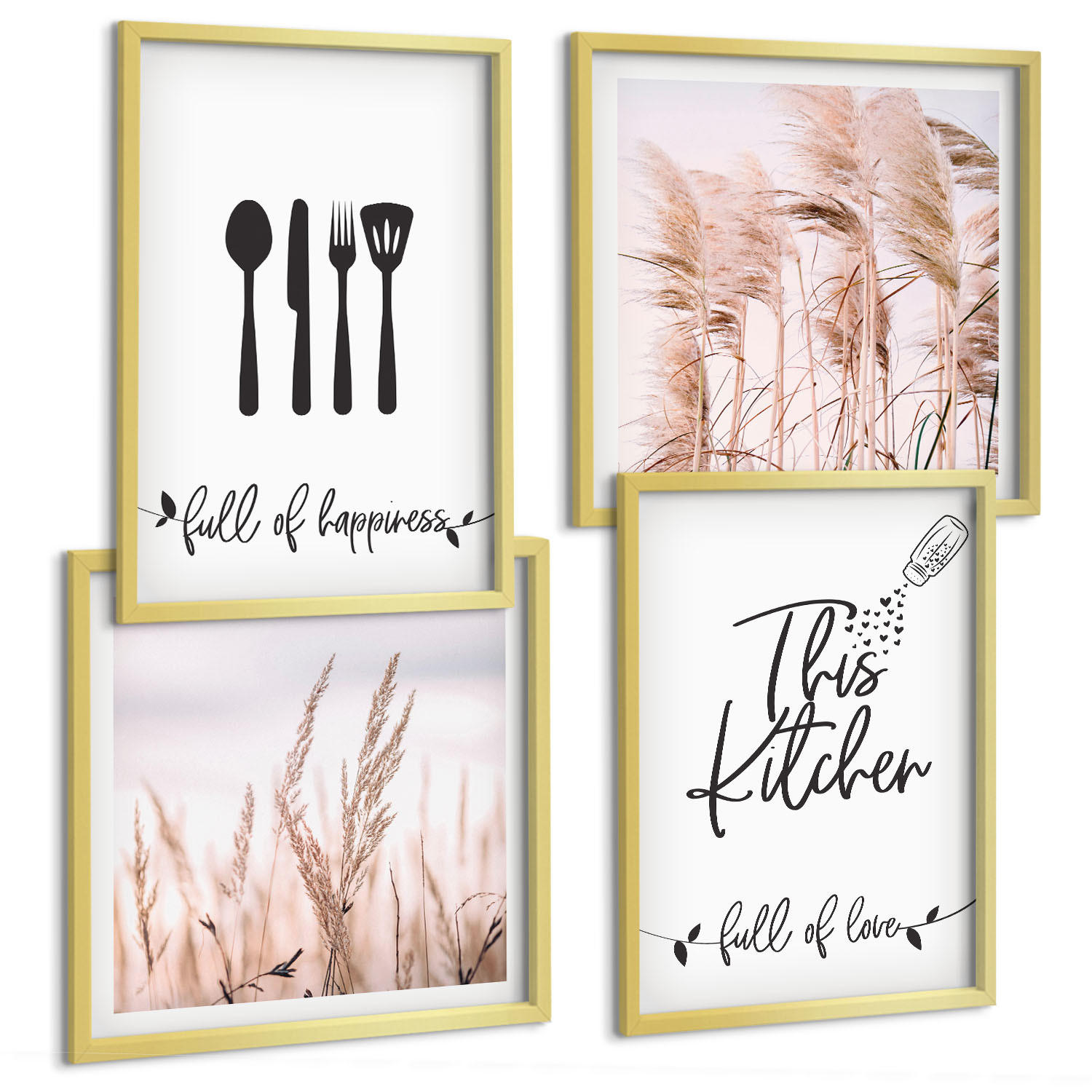 BILDER SET 4er Set - 50x50 cm & 40x60 cm Goldrahmen - Boho-Küchengras-Schriftzug - Goldfarben, Kunststoff (50/50cm) - TULUP