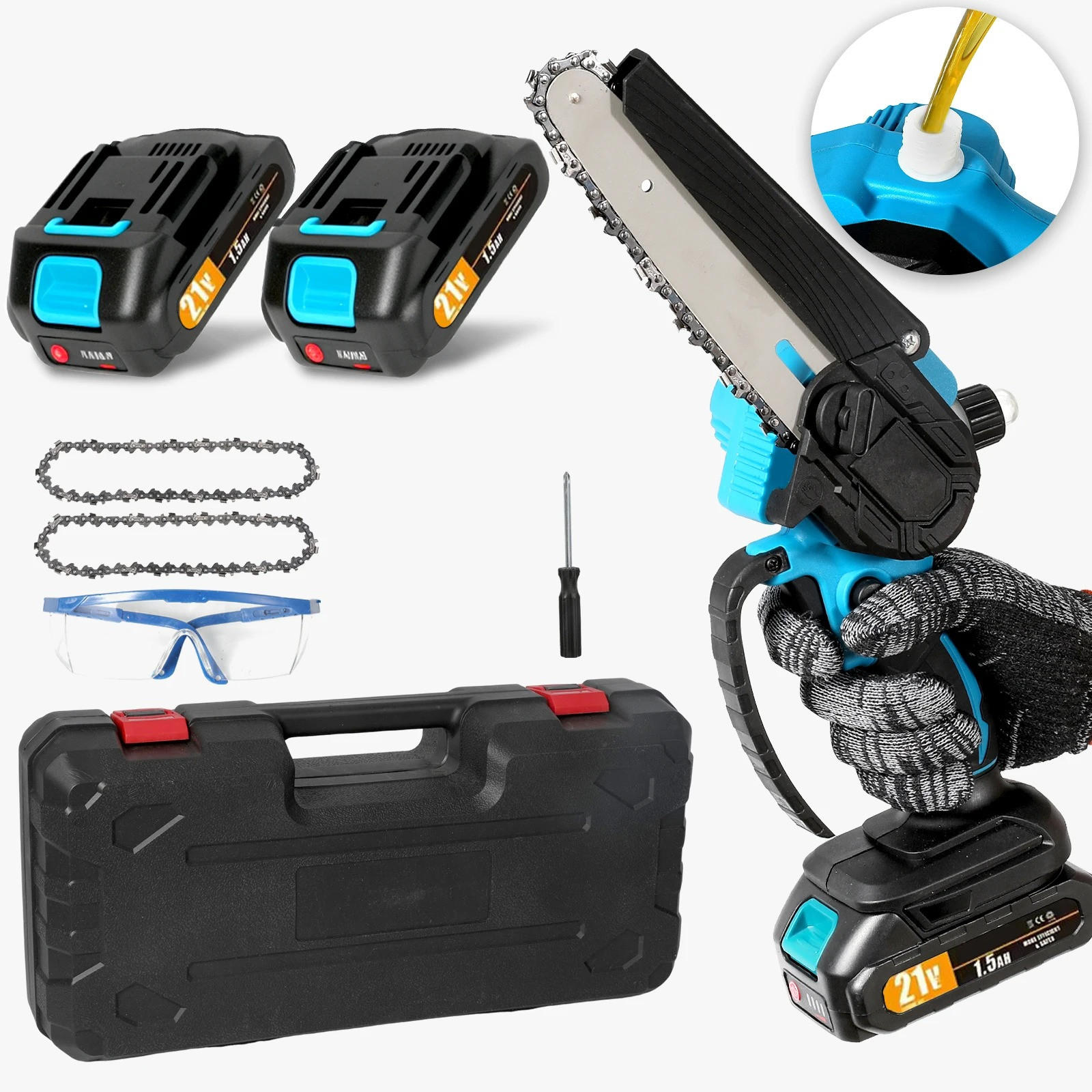 KETTENSÄGE Mini 6 Zoll Blau mit 2 × 21 V Akku automatischem Öler - Blau, Metall (15/7/40cm) - Coonoor