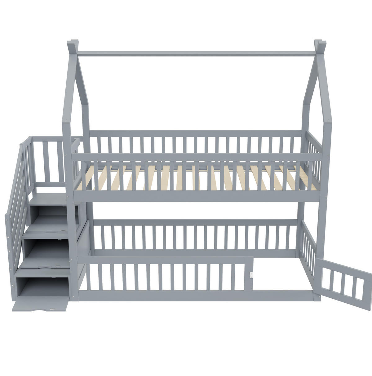 ETAGENBETT 90/200 cm mit Dach, Sicherheitstreppe und Schubladen, Grau - Grau, Holzwerkstoff (90/200cm) - Redom