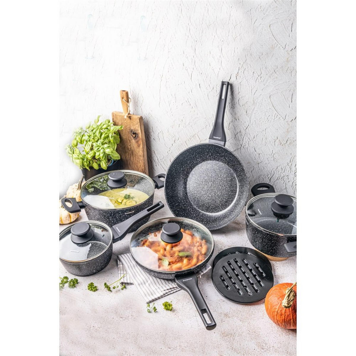 TOPFSET mit marmorierter Antihaftbeschichtung 12-teilig KB7657 - Schwarz, Metall - Klausberg 