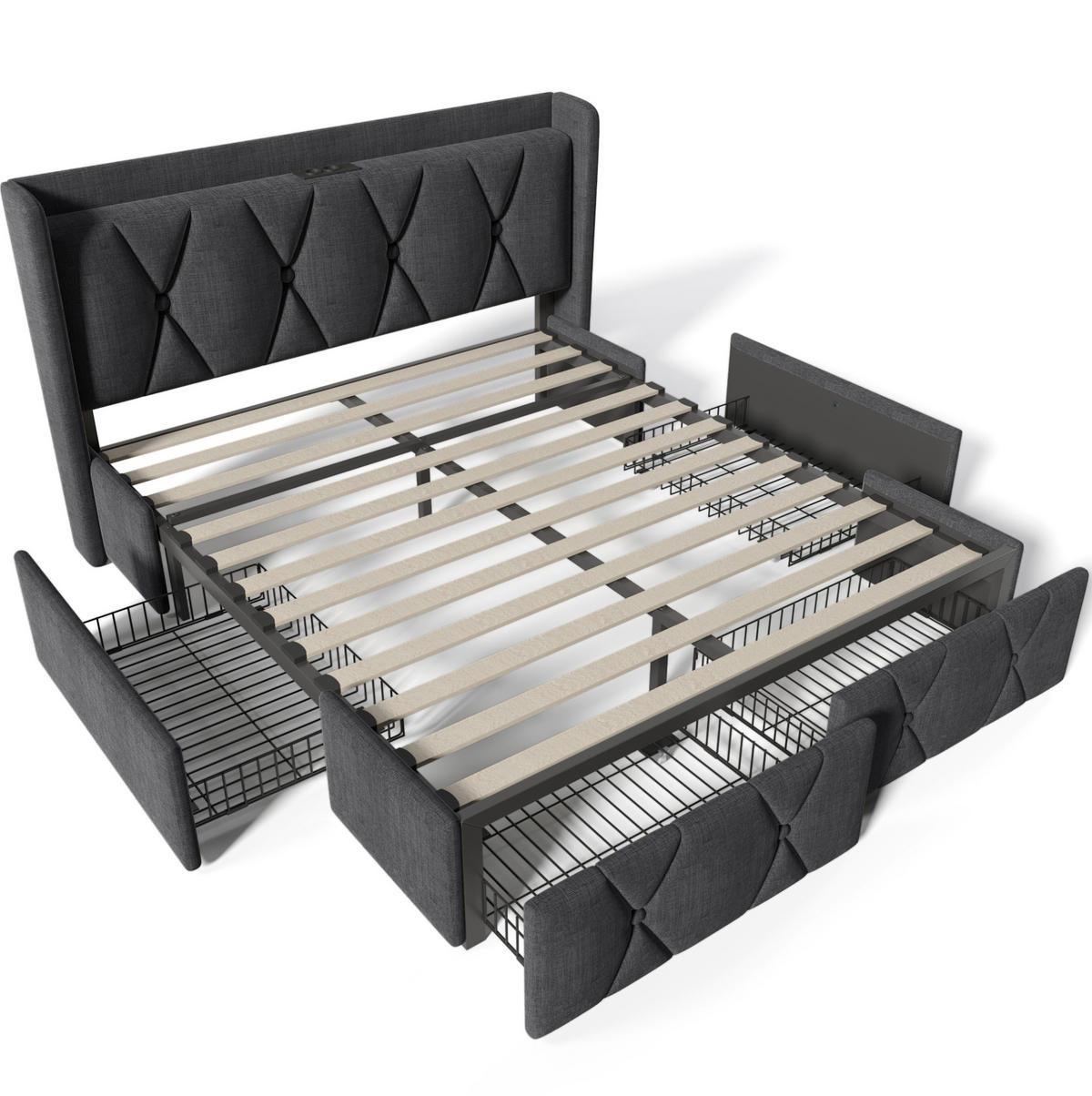 POLSTERBETT 140/200 cm Grau mit USB-Ladefunktion und 4 Schubladen ohne Matratze - Grau, Textil (140/200cm) - OKWISH