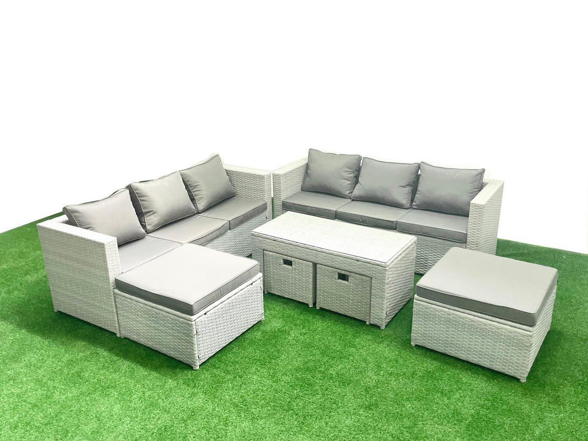 BALKONMÖBEL-SET Polyrattan Hellgrau-Mix 10-teilig - Hellgrau/Grau, Glas/Kunststoff - Fimous