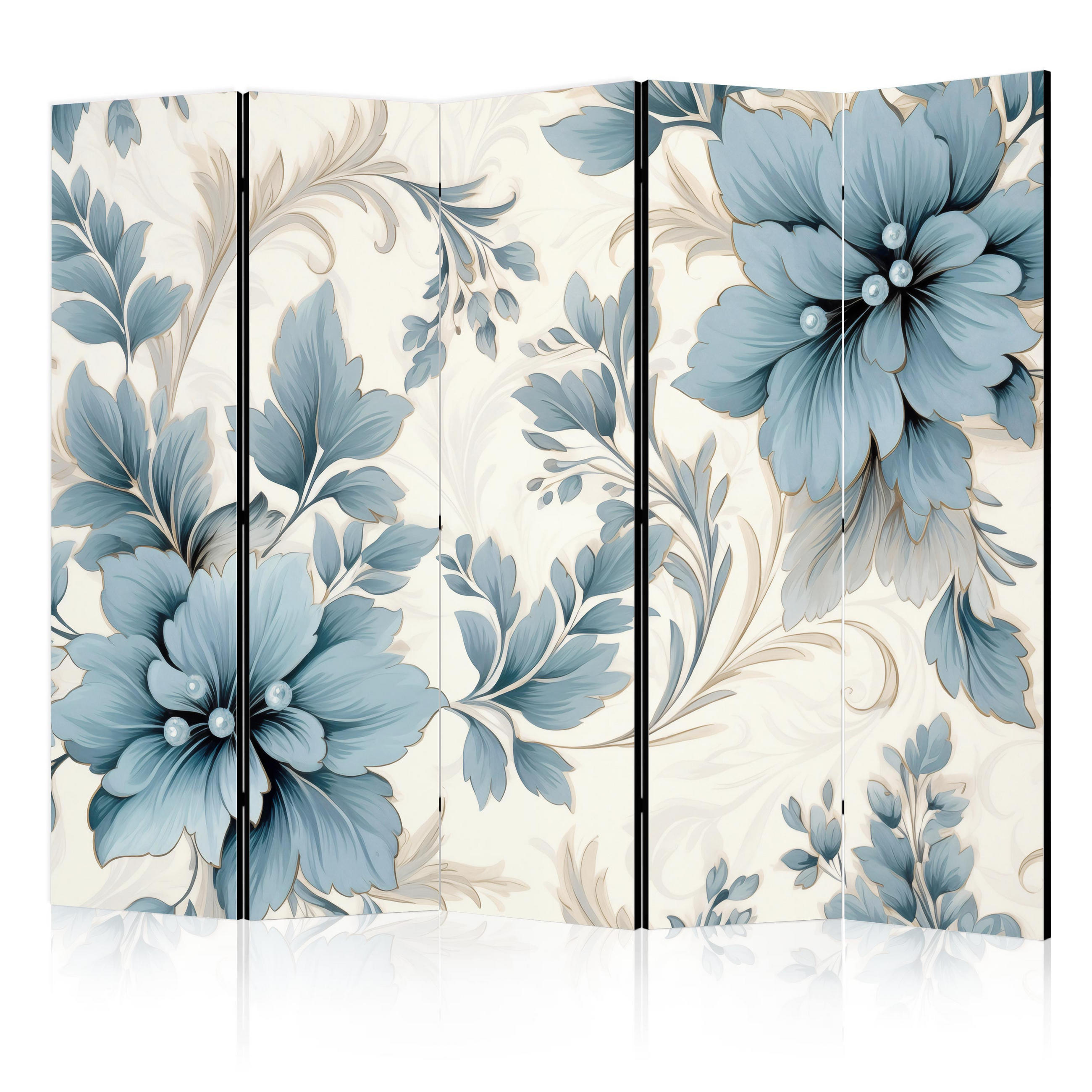 PARAVÁN Obojstranný 5-dielny 225x172 cm Modré Rastliny - modrá, drevo/textil (225/172/3cm) - Muralo