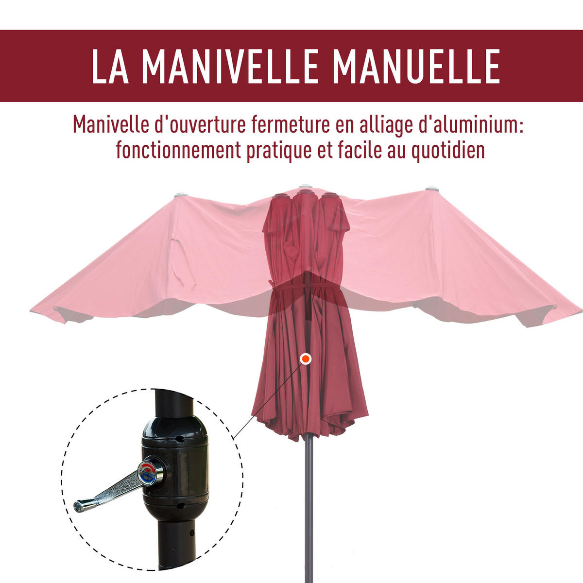 SONNENSCHIRM DE-11373 rechteckig, mit Kurbel, Stahl Bordeaux - Bordeaux, Metall (270/460cm) - ComfortXL