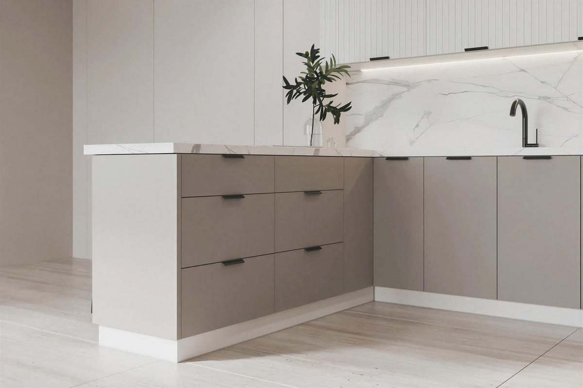 KÜCHENZEILE - KS28-G390x260 – Kendro / Morvex - Modernes Design für jede Küche - Beige, Holz/Metall (390/213.3/260cm) - ROYAL24_MARKT