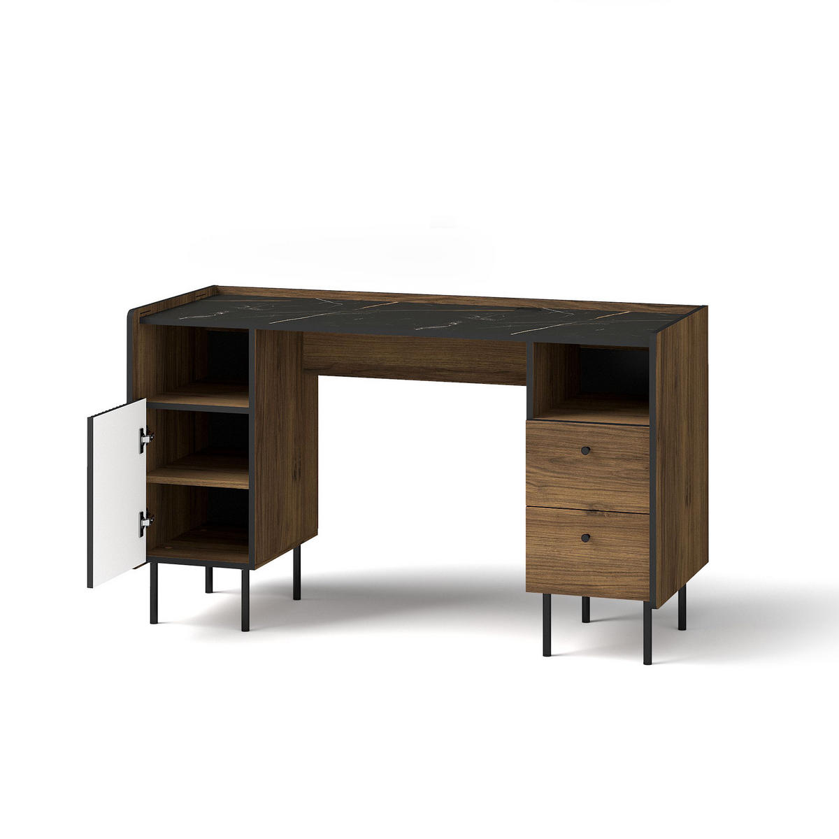 SCHREIBTISCH Piano mit 1 Tür und 2 Schubladen, Mattschwarz + Warmia-Nussbaum - Dunkelbraun/Schwarz, Holzwerkstoff (55/135/79cm) - Beautysofa