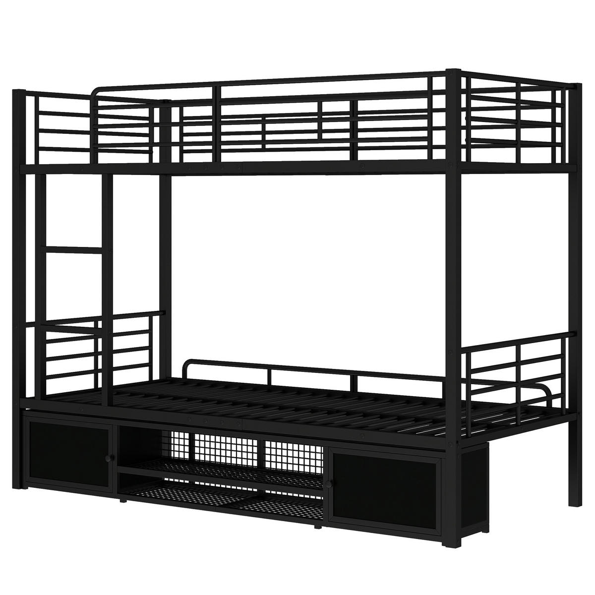ETAGENBETT 90/200 cm & 90/200 cm in Schwarz mit Schuhregal und 2 Schränken - Schwarz, Metall (90/200cm) - WISHDOR