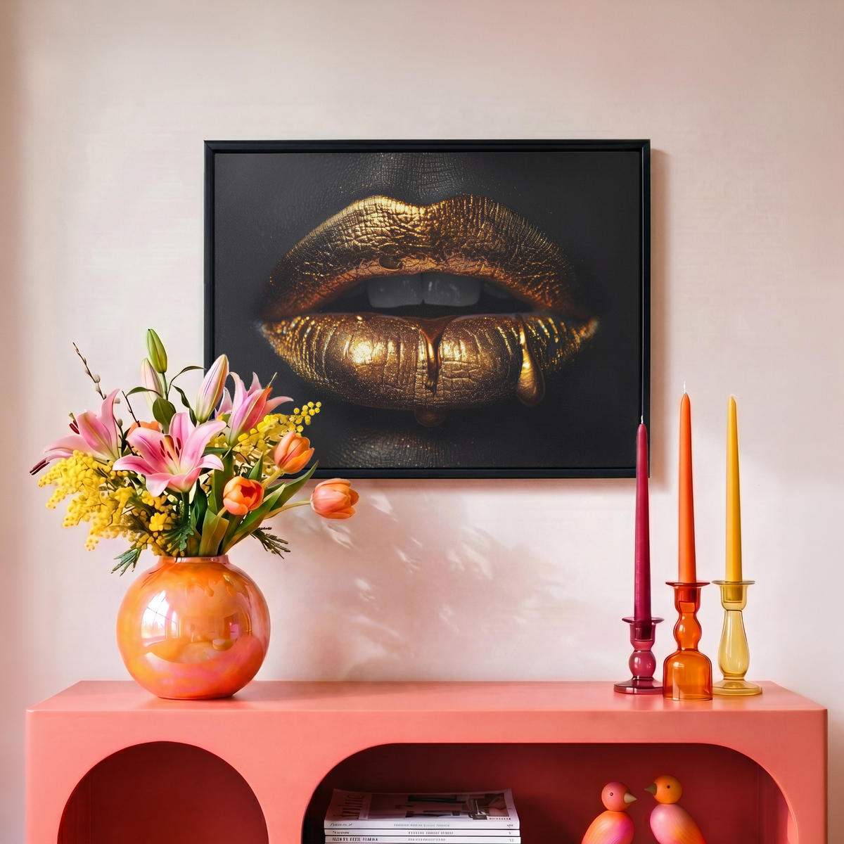 LEINWAND Bilder mit Rahmen - Frau - Porträt - Lippen - Gold - Schwarz - 40x30 - Schwarz, Textil (40/30cm) - MuchoWow