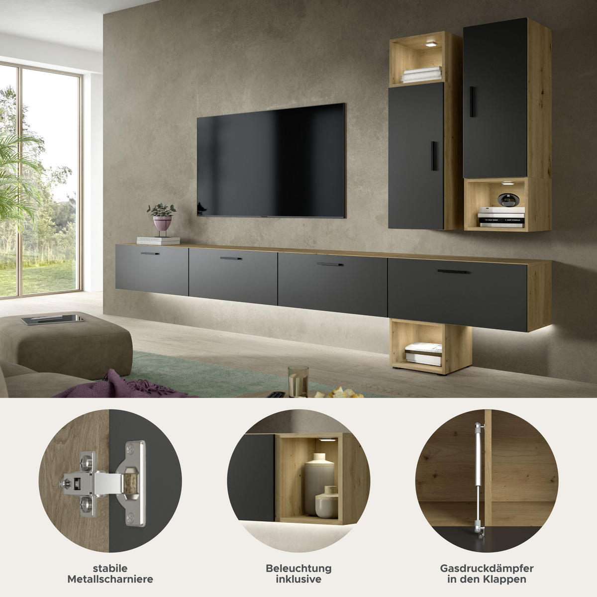 WOHNWAND INKL BELEUCHTUNG The One Basalt grau 300/34/178 cm - Braun, Holzwerkstoff (300/178/34cm) - Xonox