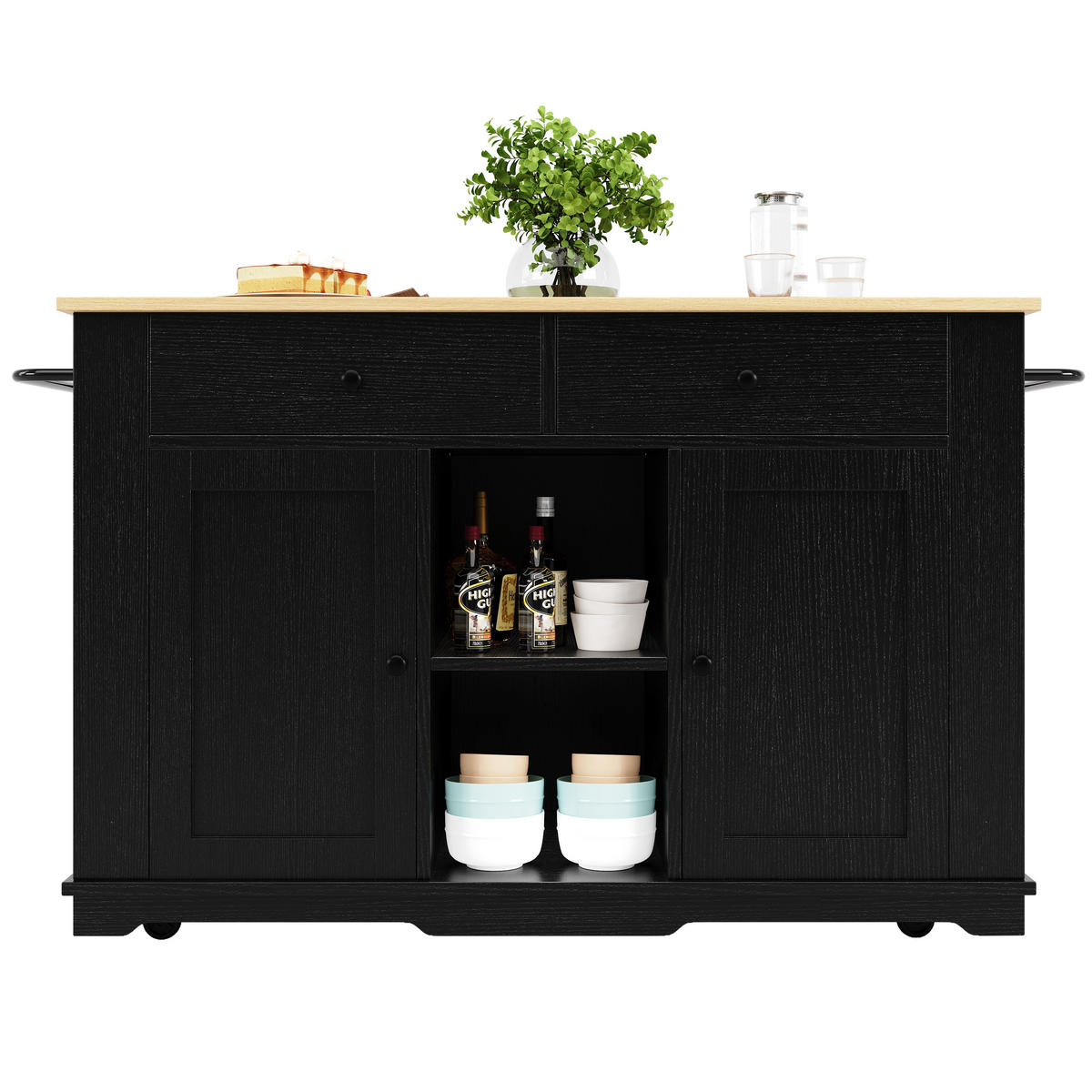 KÜCHENINSEL 151,5/59,7/91,7 cm schwarz mit Steckdosen und klappbarer Tischplatte - Schwarz, Holzwerkstoff (151.5/91.7/84.7cm) - OKWISH