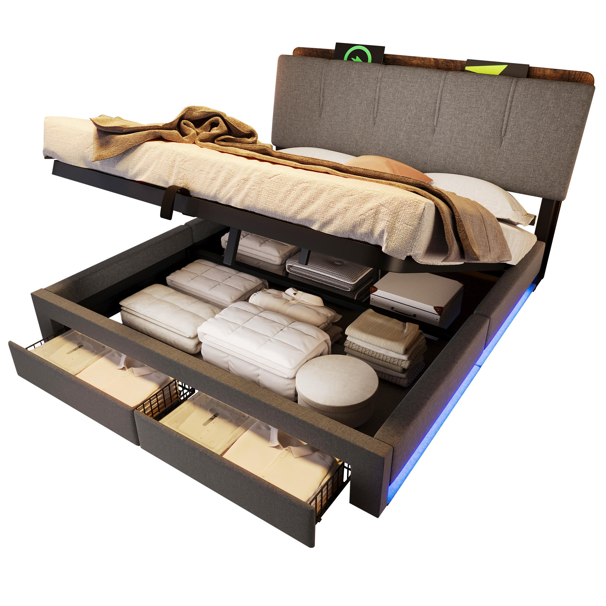 POLSTERBETT 140/200 cm Grau mit USB-Typ-C-Ladeanschluss, LED-Beleuchtung und 2 Schubladen - Grau, Textil (140/200cm) - Oxeza
