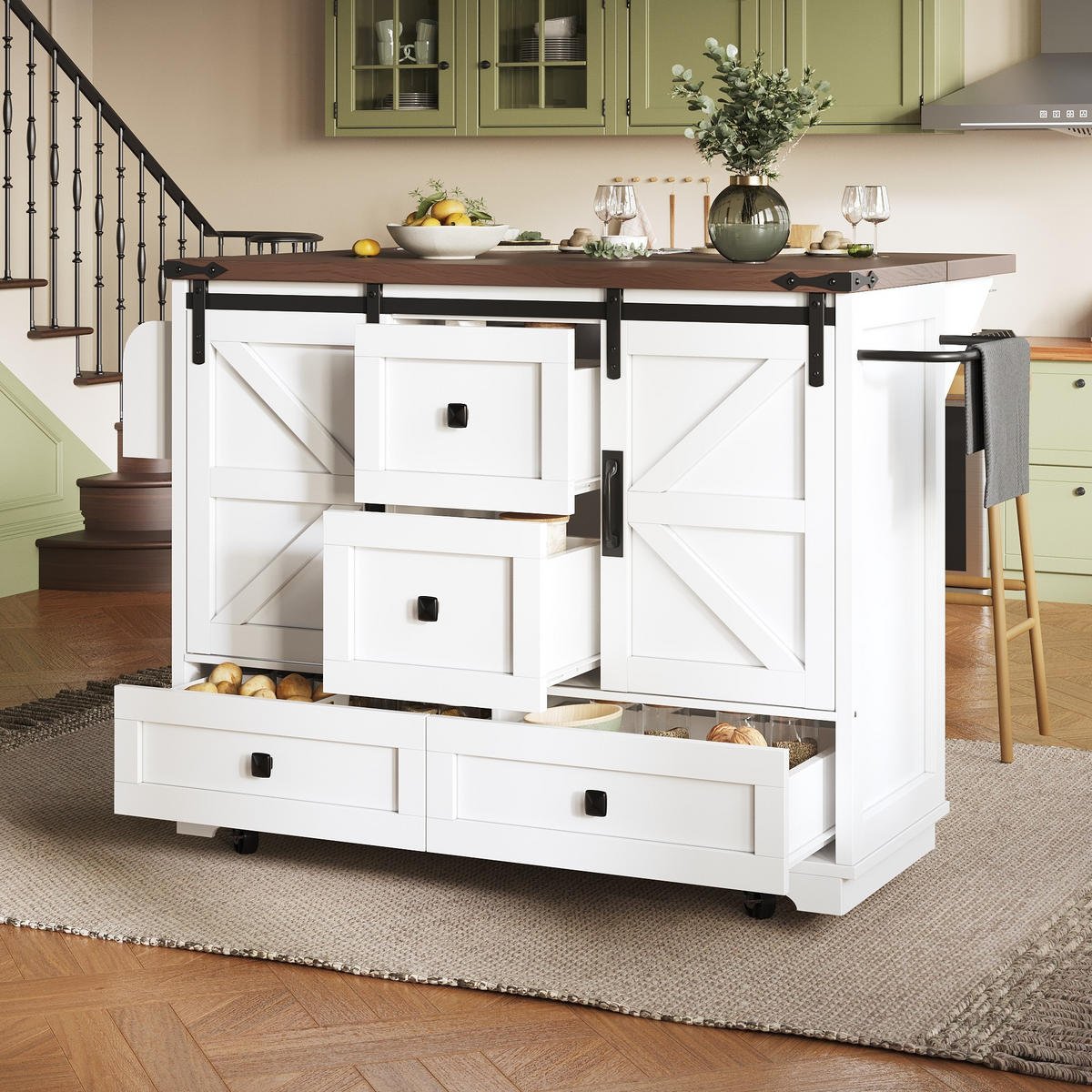 KÜCHENINSEL 142,5/45-73/92,5 cm mit Klapptisch, Schiebetüren im BarnDoor-Design und Stauraum, Weiß, MDF/Metall - Weiß, Holzwerkstoff (142.5/92.5/45cm) - Redom