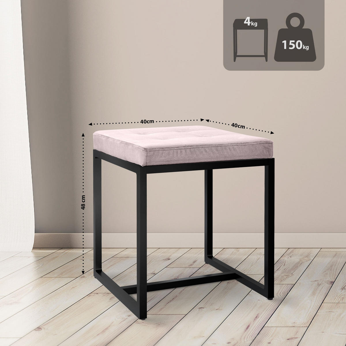 SITZWÜRFEL eckig 40/40/48 cm Samt hellgrau - Hellgrau/Schwarz, Textil/Metall (40/48/40cm) - CLP