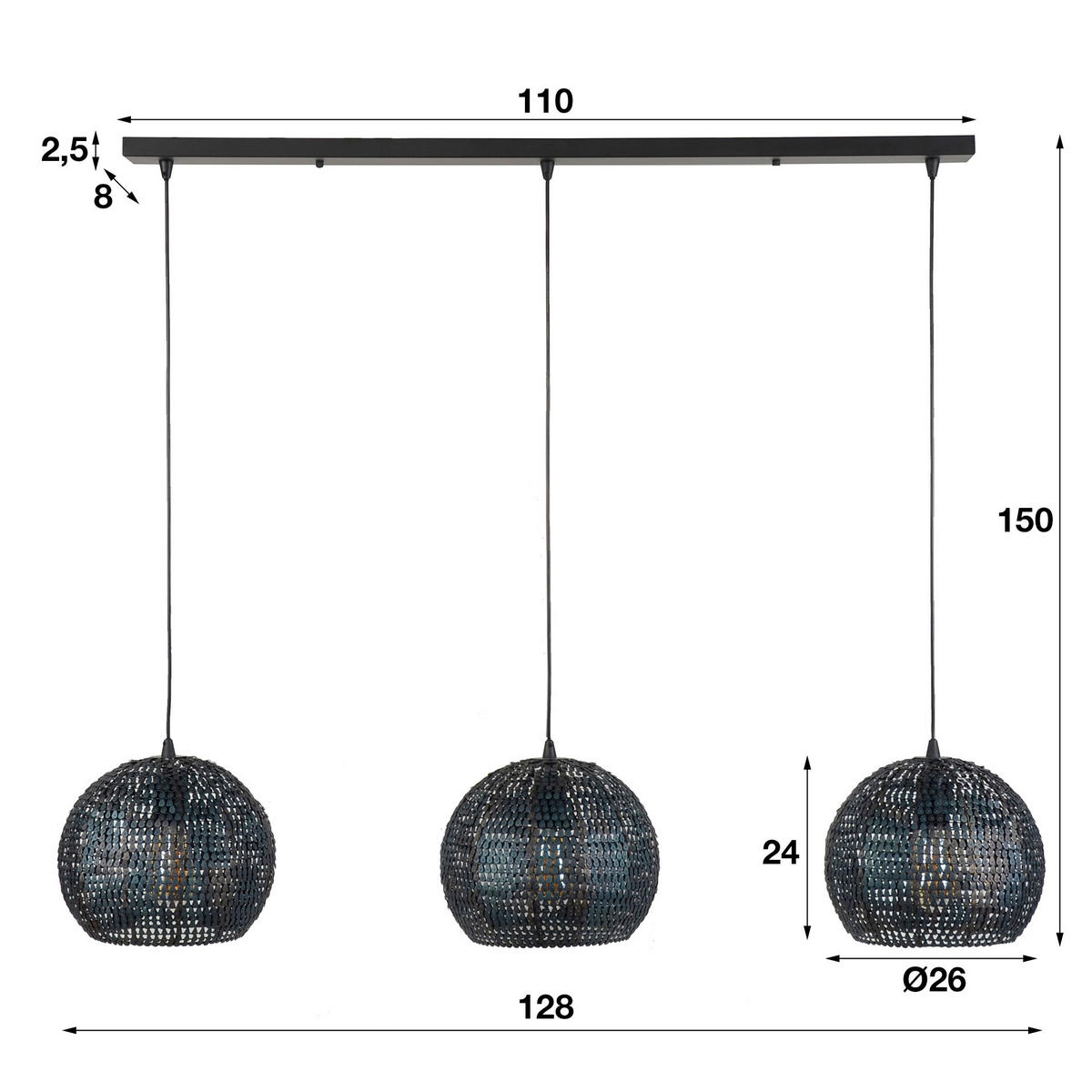 HÄNGELEUCHTE Armor Grau 128/30/ 150 cm - Grau, Metall (128/30/150cm) - Hoyz Collection