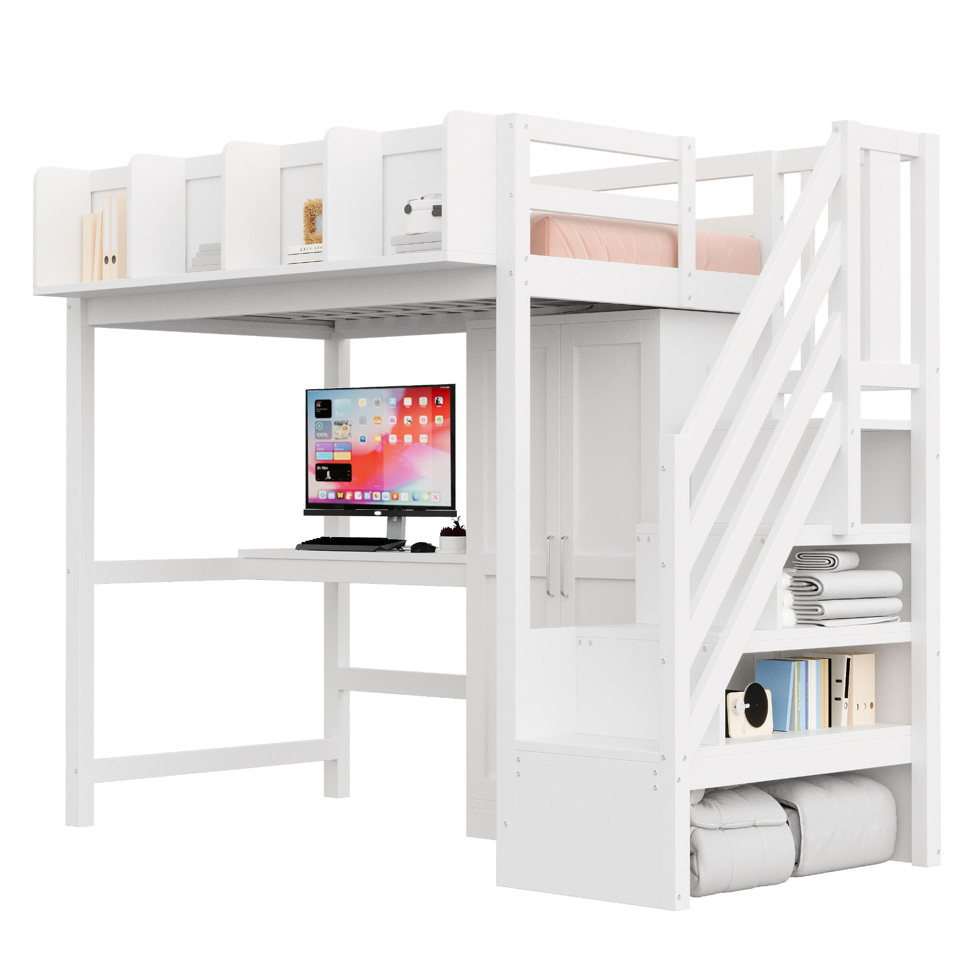 HOCHBETT mit Schreibtisch und Kleiderschrank 90x200 cm Weiß - Weiß, Holz (90/200cm) - Meubliv