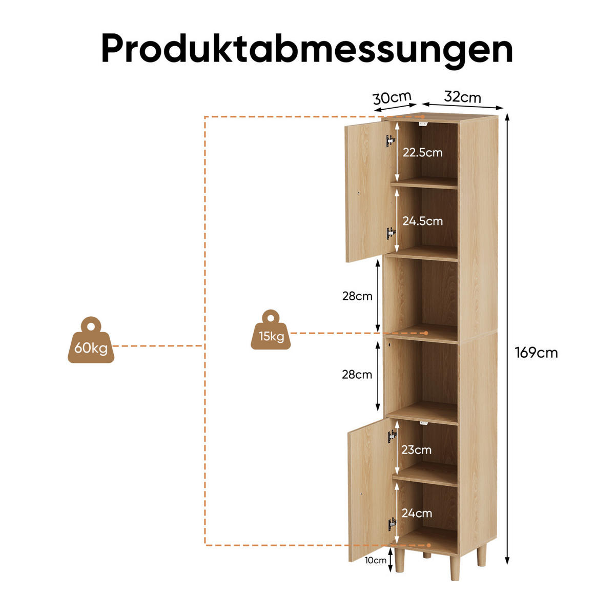 HOCHSCHRANK Bad 32/30/169 cm Eiche Optik mit Türen und offenen Regalen - Naturfarben, Holz (32/160/30cm) - PARAFTA HOME