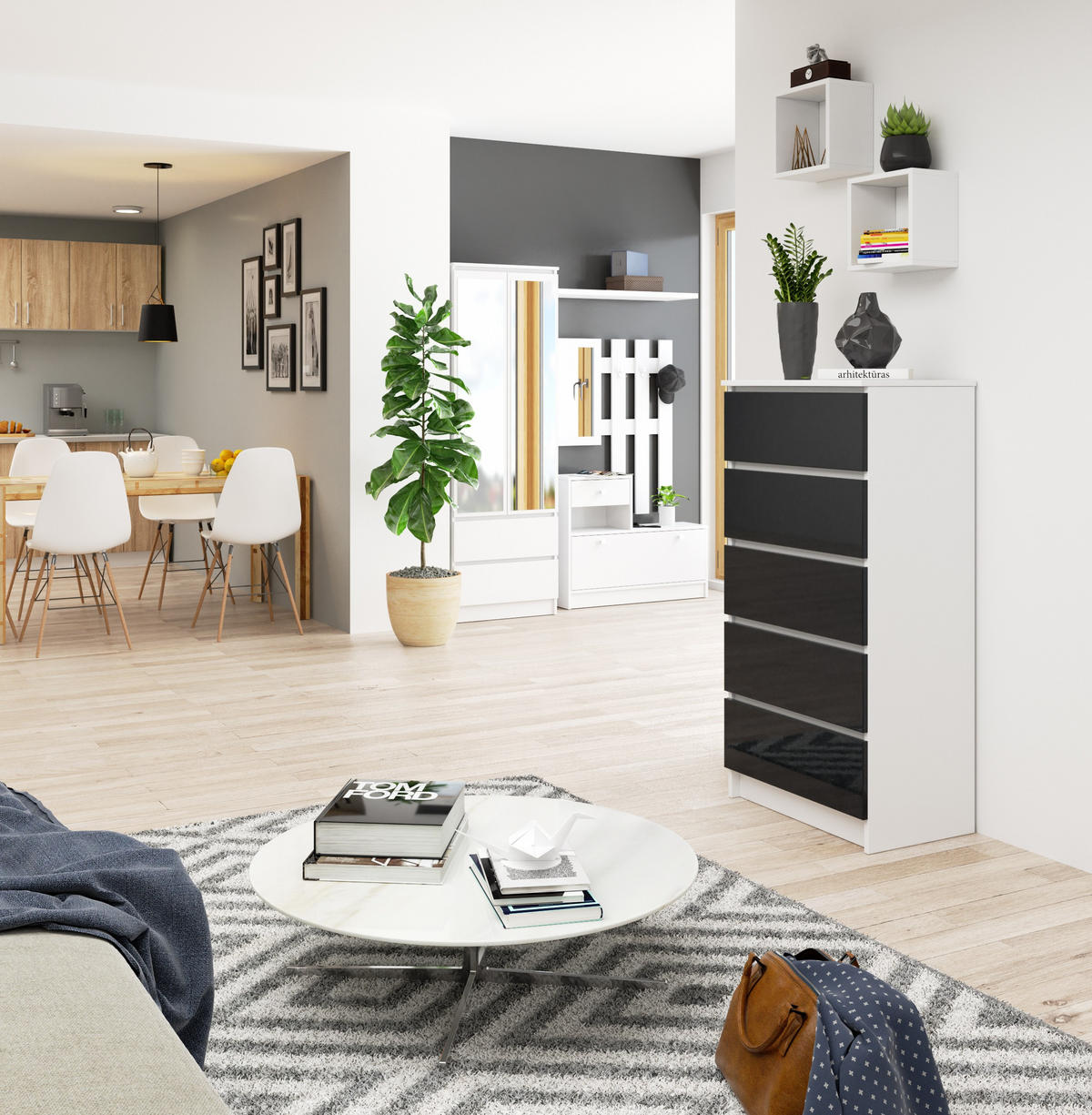 KOMMODE Weiß, Graphit Glanz 121/60/40 - Weiß, Holzwerkstoff (60/121/40cm) - RAUMHIRSCH FURNITURE