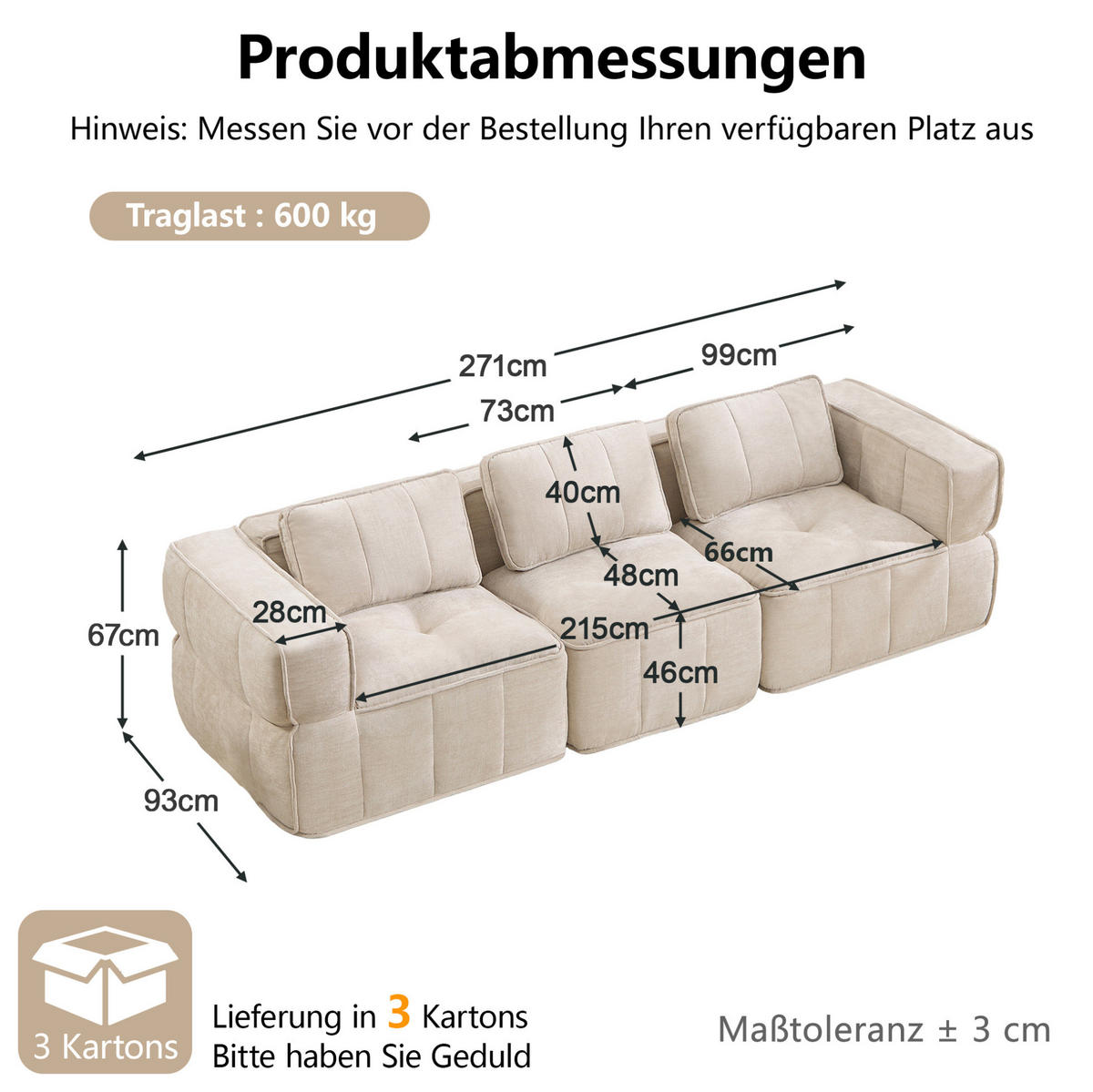 SOFA 271/93/67 cm in Beige, modular, aus Polyester mit rutschfestem Standfuß - Beige, Kunststoff (93/67/271cm) - Flora Grace