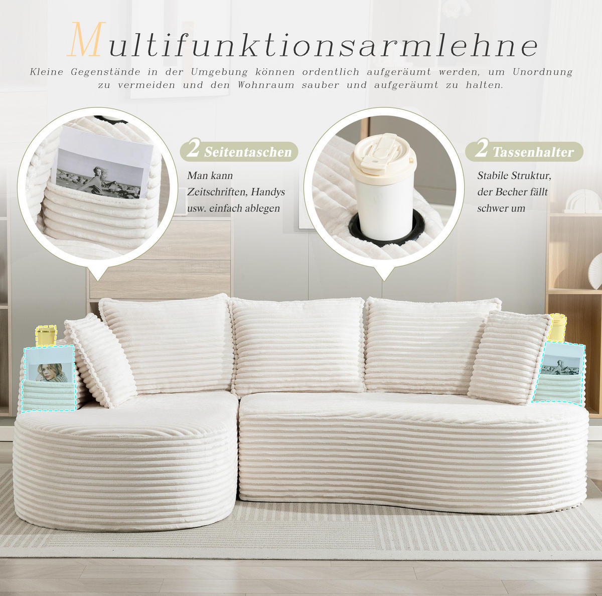 ECKSOFA aus Cord 250x152x82 cm Beige mit Getränkehaltern, Seitentaschen und Kissen im Bogendesign - Beige, Textil (250/152cm) - Modfu