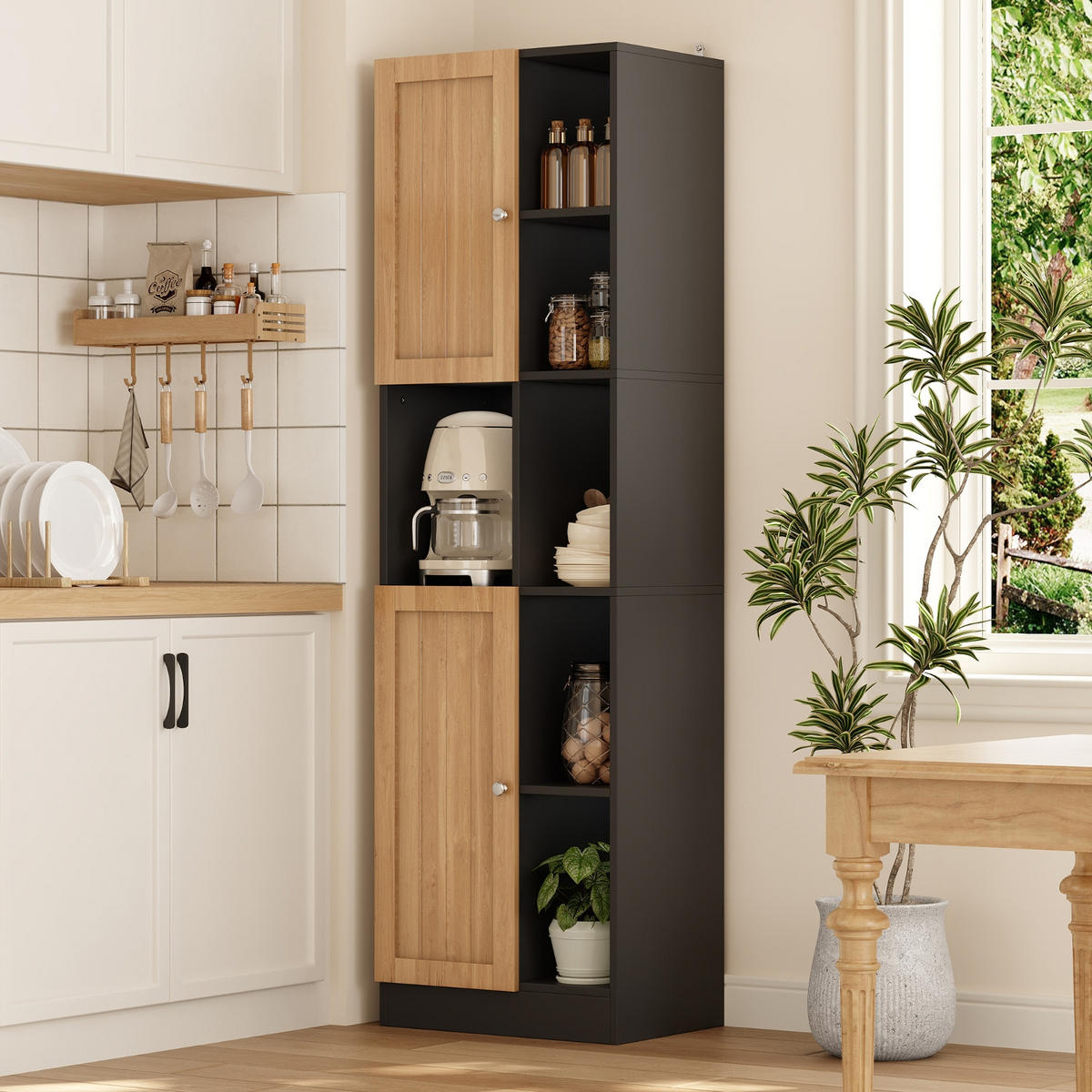 KÜCHENSCHRANK, 50/170/35,5 cm, MDF, Anthrazit-Eiche, mit 6 offenen Regalen und 2 Türen, für Esszimmer - Schwarz, Holzwerkstoff (35.5/170/50cm) - Rolipo