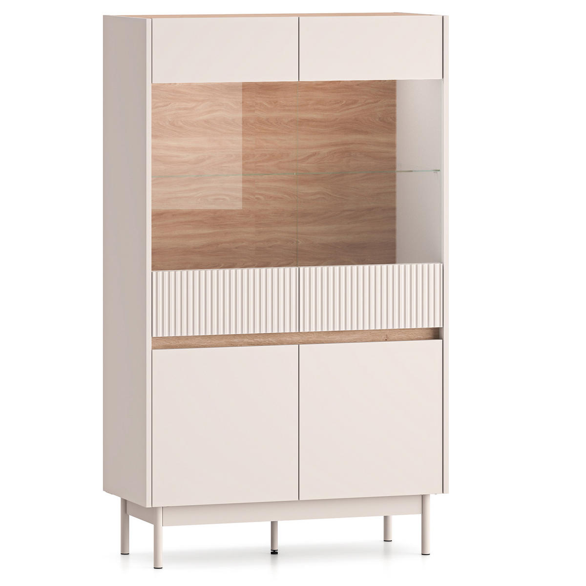 VITRINENSCHRÄNK NALIA, Vitrine, Creme/Eiche - Eichefarben/Creme, Glas/Holzwerkstoff (92/156/40cm) - KONSIMO®