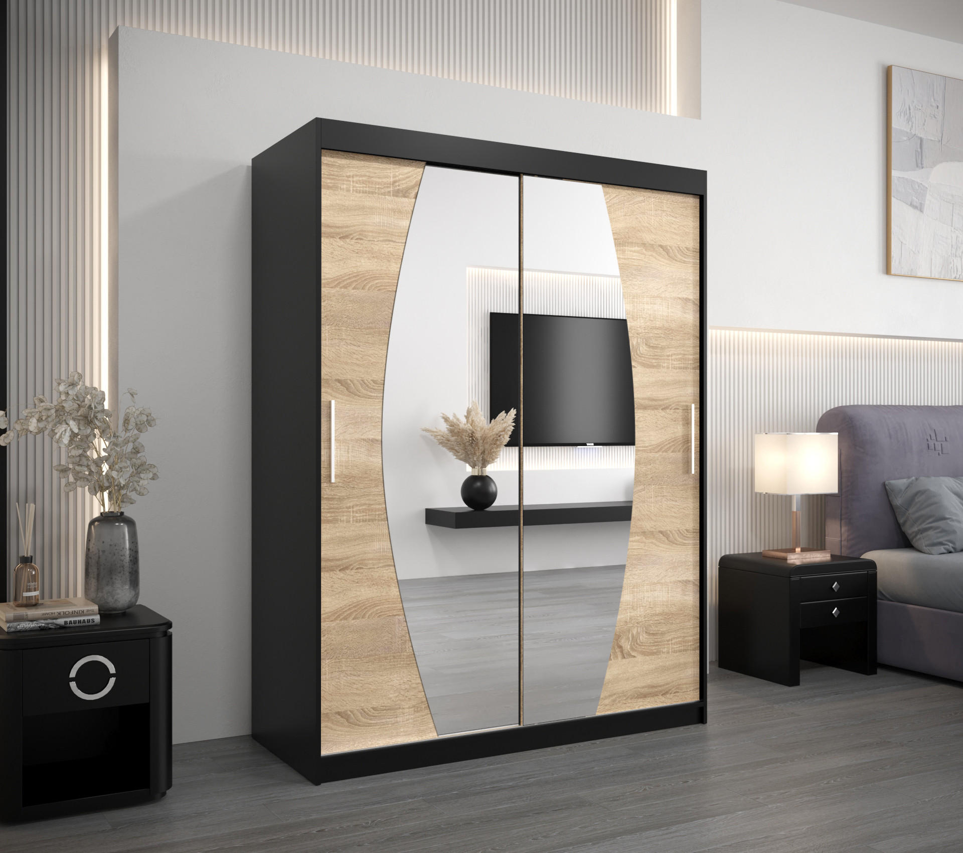 SCHWEBETÜRENSCHRANK 200/150/62 2-türig - Silberfarben/Schwarz, Holz/Kunststoff (150/200/62cm) - Abiks Möbel