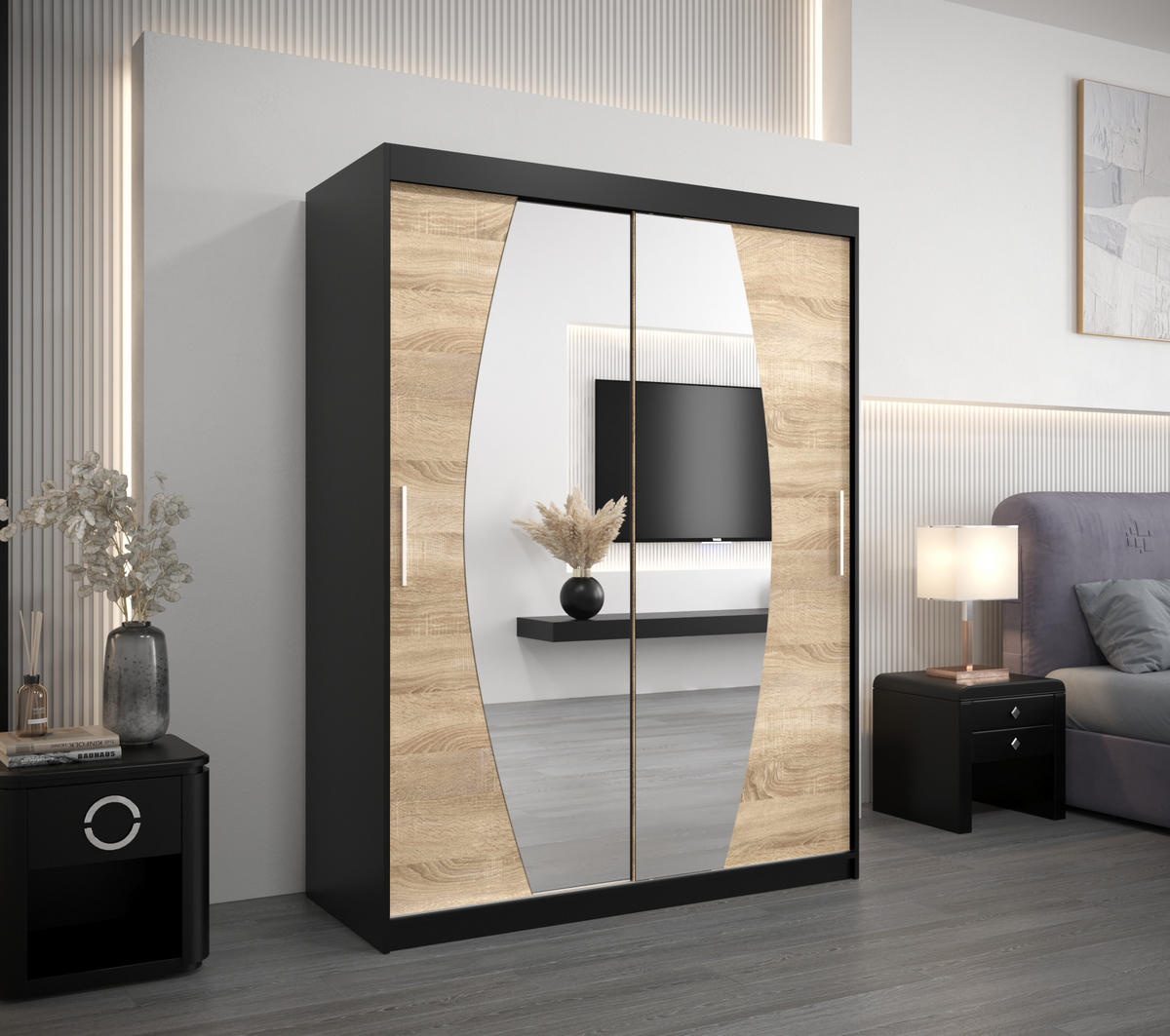 SCHWEBETÜRENSCHRANK 200/150/62 2-türig - Silberfarben/Schwarz, Holz/Kunststoff (150/200/62cm) - Abiks Möbel