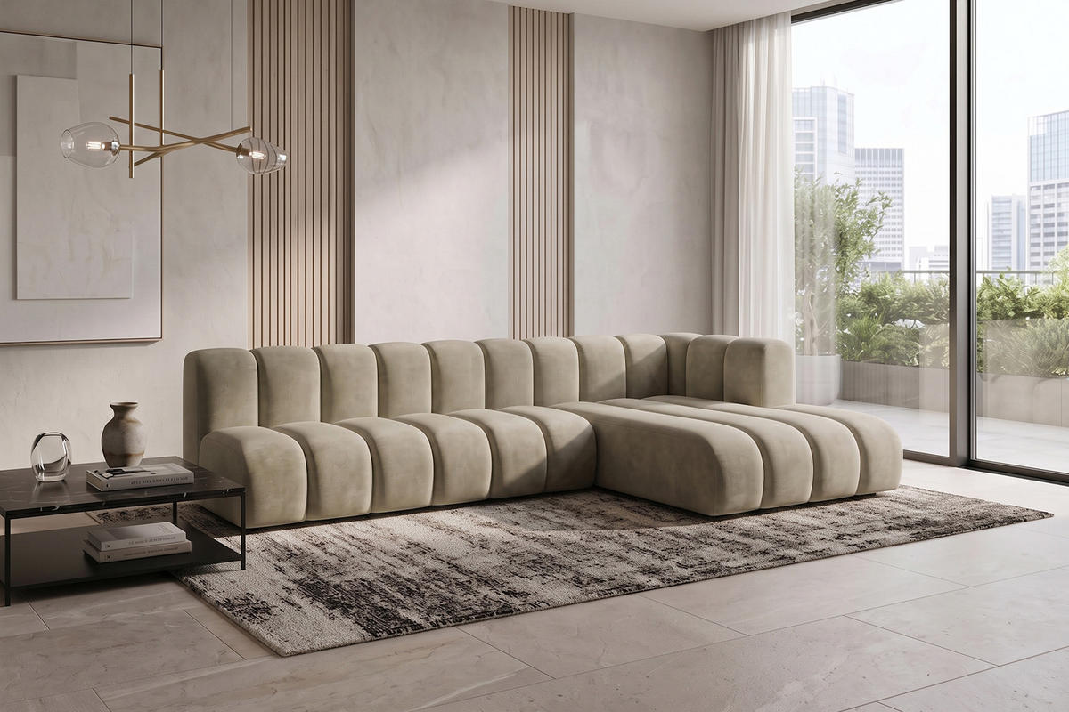 ECKSOFA Modulares In L-Form, Velvet-Stoff Riviera, Beige, Rechts, GRAND 295 cm - Beige, Holz (295/179cm) - Kaiser Möbel