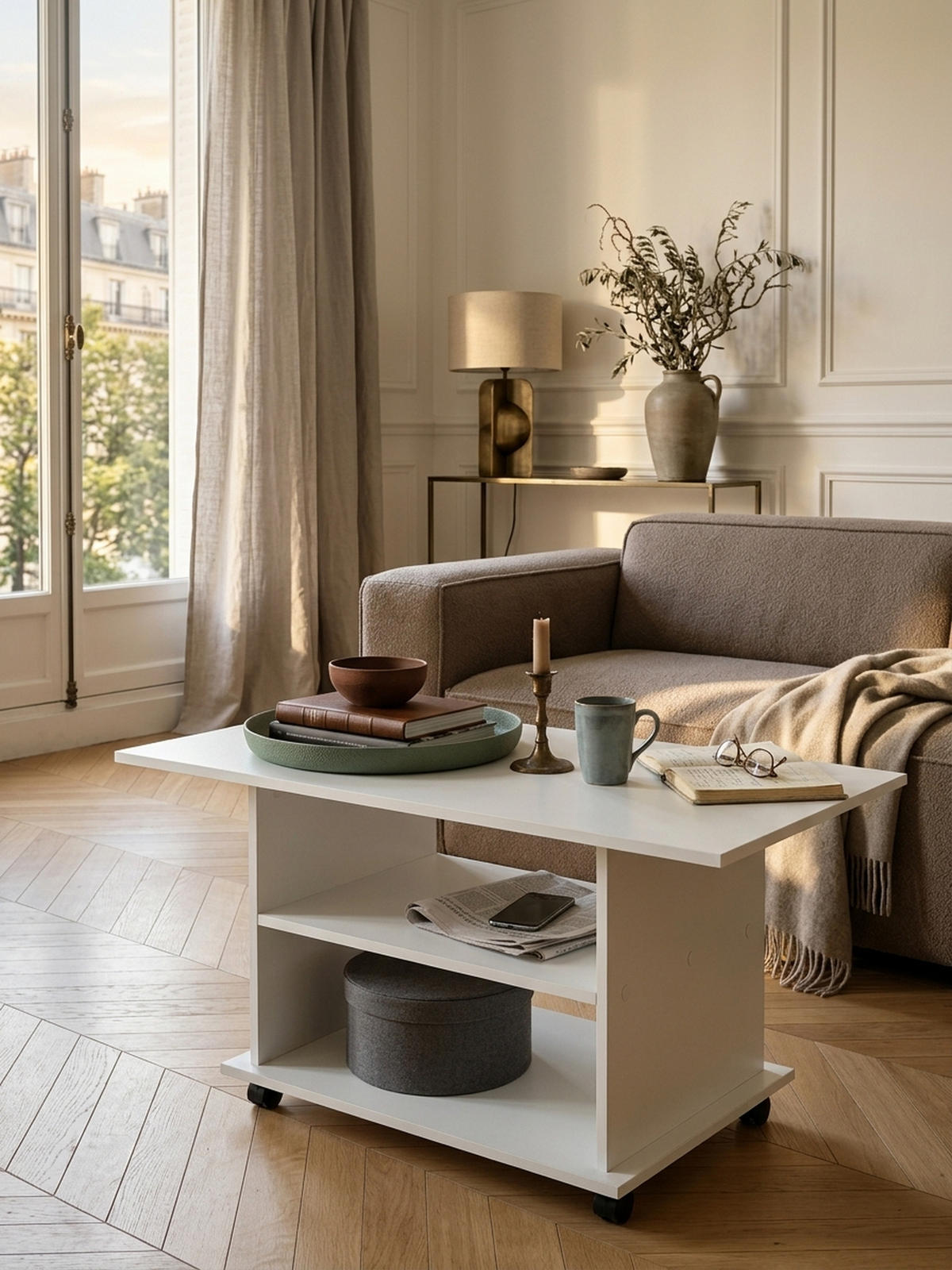 COUCHTISCH mit zwei Ablageflächen, Rollen und Melaminharzbeschichtung, Weiß 95x54x51 cm - Schwarz/Weiß, Holz (54/95/51cm) - KADIMA DESIGN