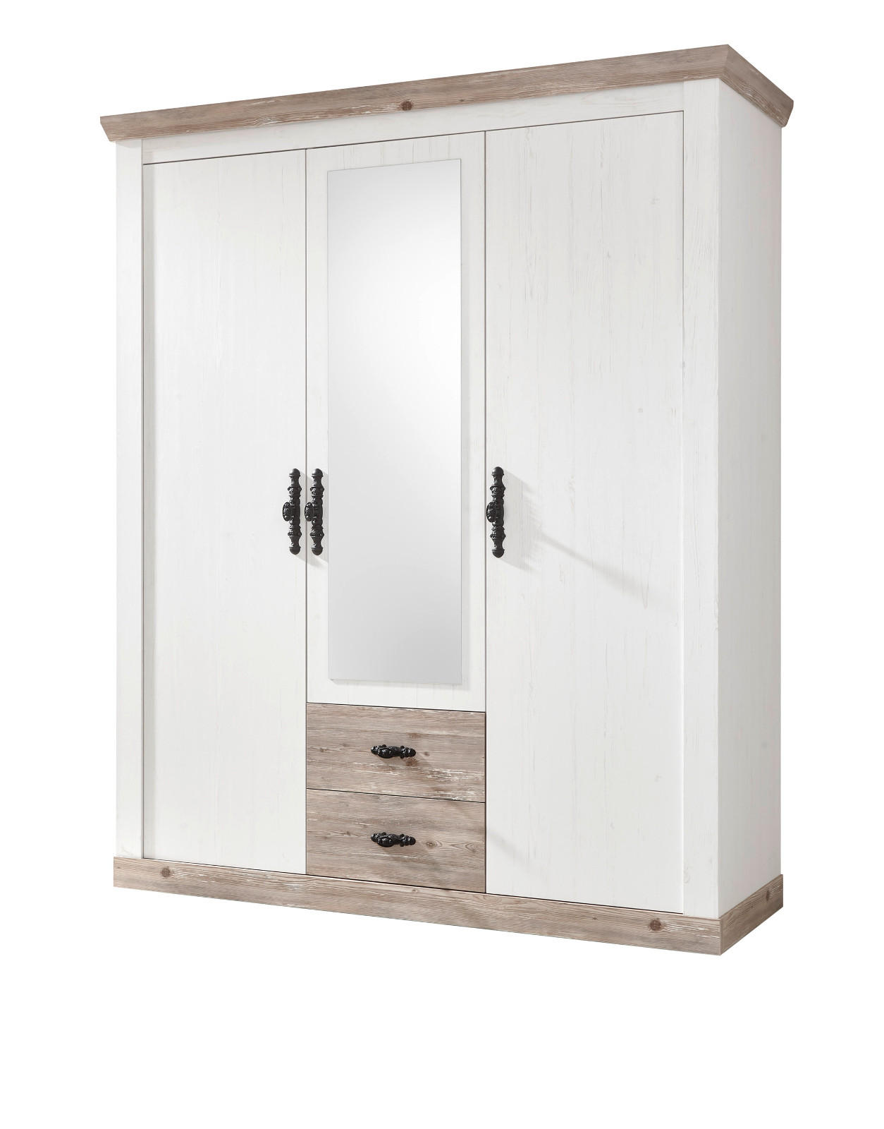 KLEIDERSCHRANK Pinie weiß, Oslo Pinie Landhaus, Drehtürenschrank 3-türig mit Spiegel, 169 x 201 cm - Anthrazit/Weiß, Holzwerkstoff/Metall (169/201/60cm) - Furn.Design
