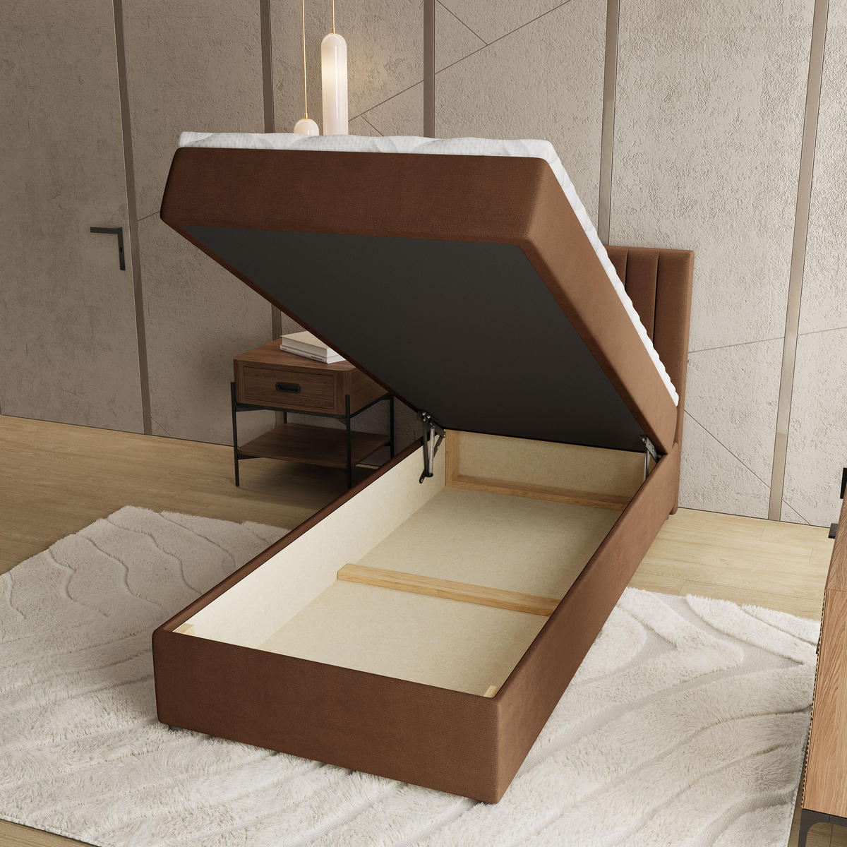 BOXBETT BRESEL 80 80x200 cm mit Matratze und Topper, H2+H3 - Braun - Braun, Holz (80/200cm) - MASSENO