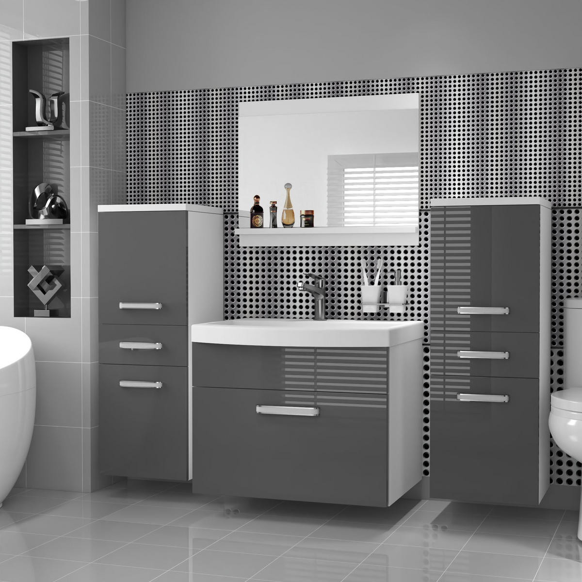 BADMÖBEL Badezimmer SET PRI P4, Grau Hochglanz, 120 cm - Hellgrau, Holz (38.7/113.5/120cm) - B BELINI GROUP