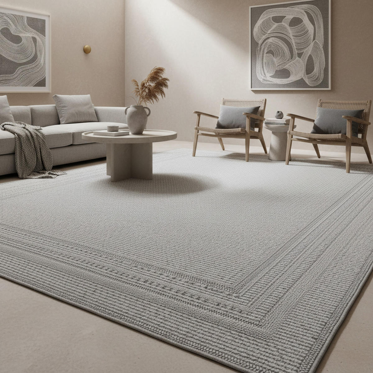 TEPPICH Outdoor Flachgewebe Bordürenmuster Polypropylen Terrasse Grau Rechteckig 120x170 - Grau, Textil (120/170cm) - KADIMA DESIGN