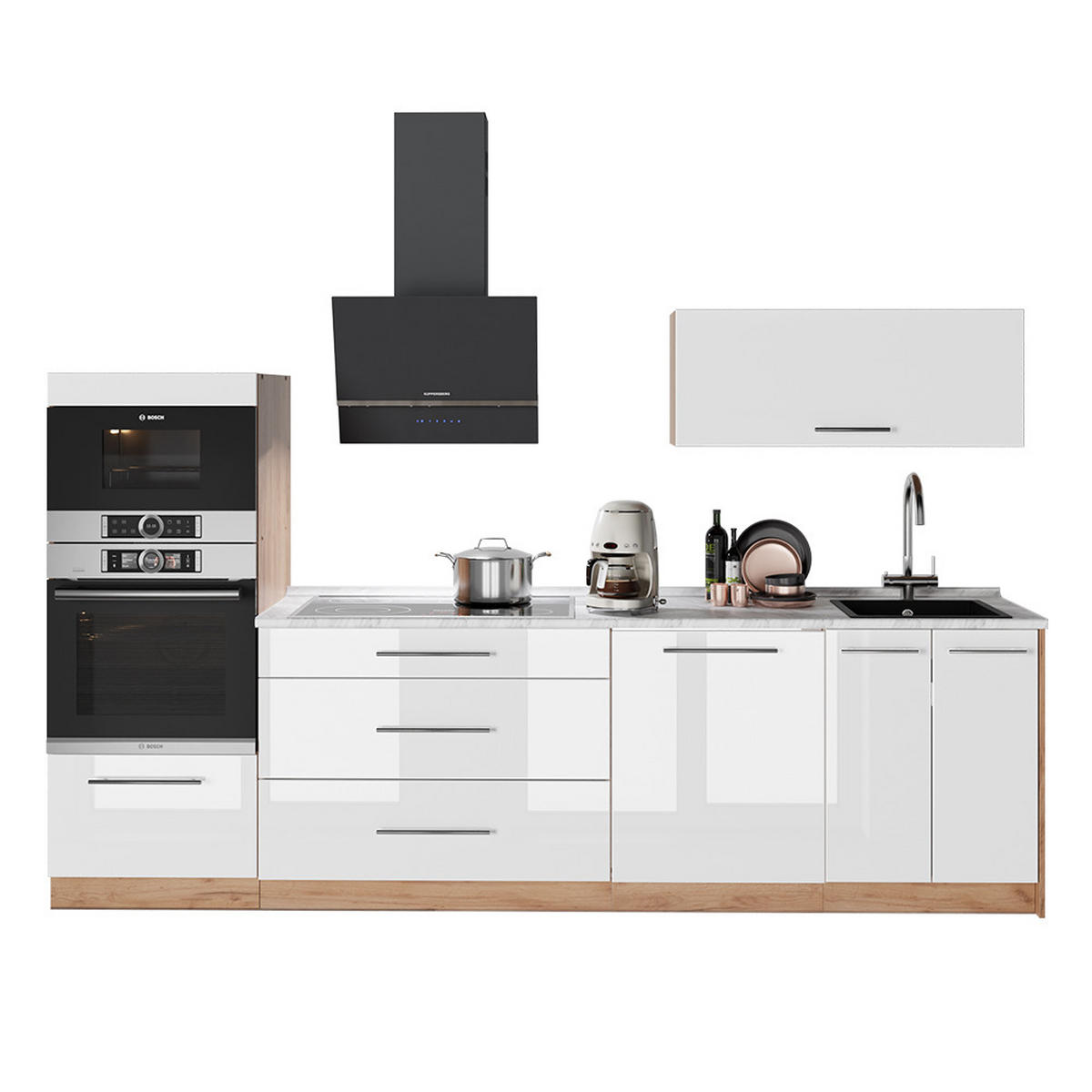 KUCHYNKA Fame-Line, Biely vysoký lesk/Dub Goldkraft, 280 cm, AP Marble - biela s vysokým leskom/dub medový, kompozitné drevo (280/153.6/60cm) - Vicco