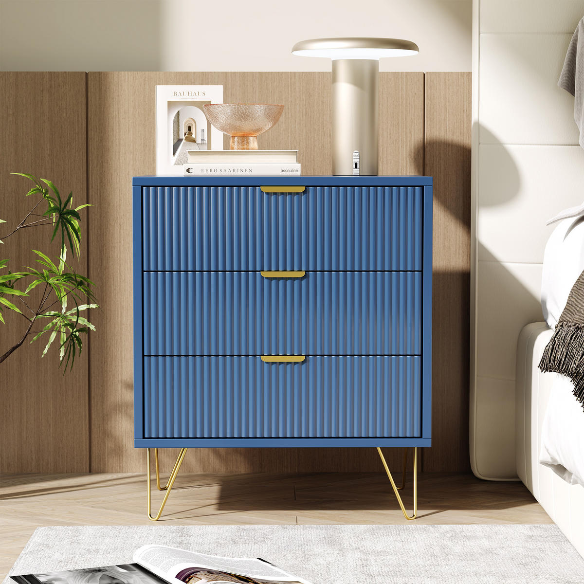 KOMMODE Dunkelblau mit 3 Schubladen & goldenen Metallfüßen - Dunkelblau, Holzwerkstoff (40/70/60cm) - SHOPENTRA