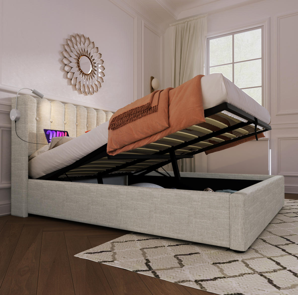 POLSTERBETT mit Bettkasten 140x200 cm Leinen Beige USB & Leselicht - Beige, Metall (140/200cm) - Meubliv