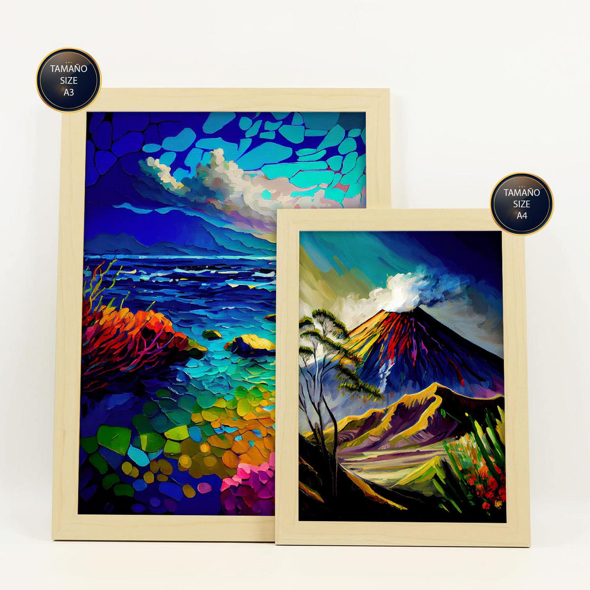 POSTER Set Mit 6 Berge Im Ölgemälde Stil A3 & A4 Rahmen Aus Hellem Holz - Beige, Papier (29/3cm) - Nacnic